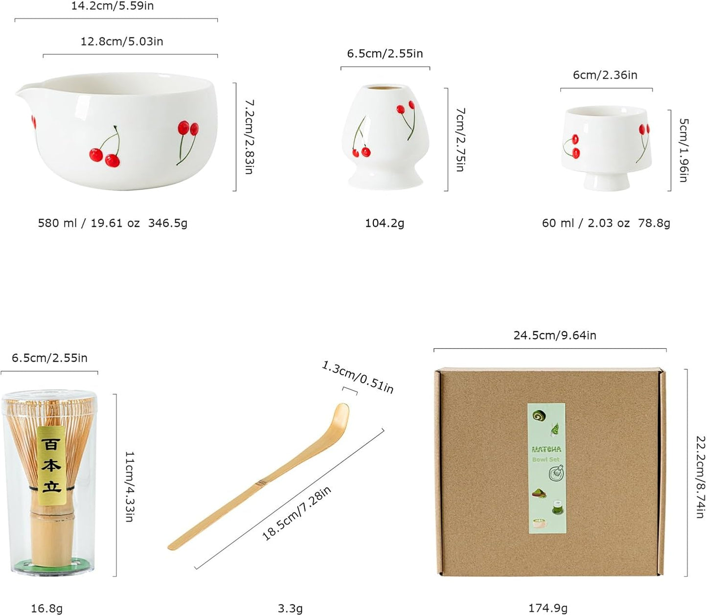 Red Cherries Matcha Whisk Set with Matcha Bowl, Bamboo Whisk, Scoop, and Whisk Holder, Hand-Painted Cute Matcha Set for Matcha Lovers & Tea Ceremony