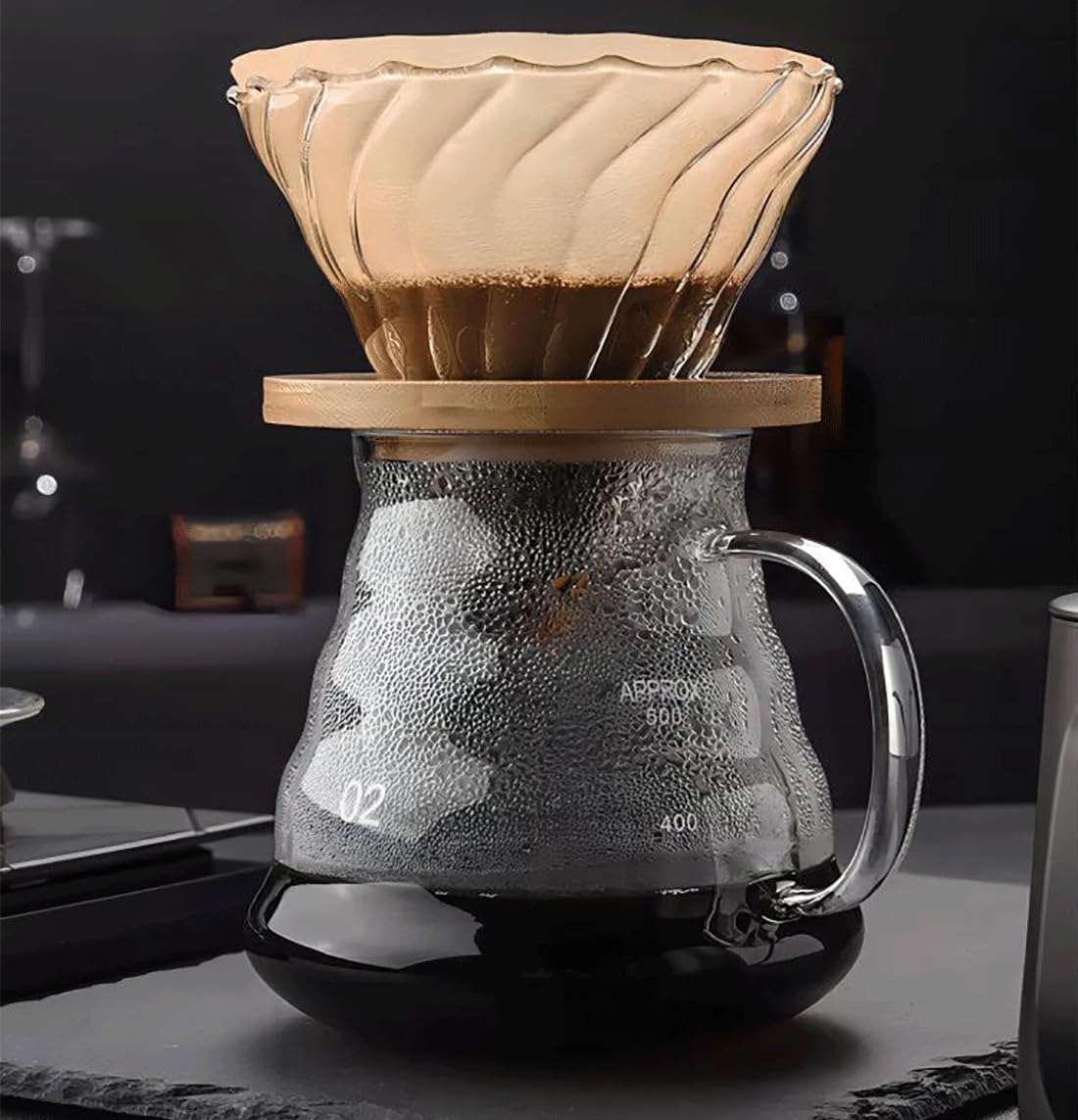 Glass Coffee Dripper/Filter - Glass Pour Over Coffee Cone with Bamboo Stand, Drip Coffee Maker Funnel Accessories for Home or Office, 1-5 Cups