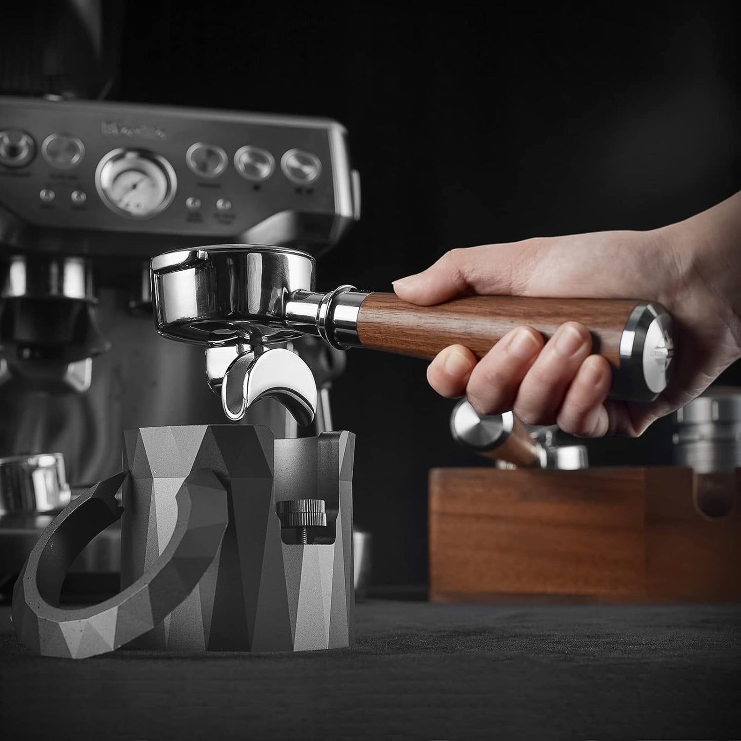 58mm Espresso Double Spouts Portafilter with 2 Ear | Fits E61 | Flair/Rocket/Sanremo/Expobar etc. | Stainless Steel Basket and Walnut Handle | Espresso Accessories