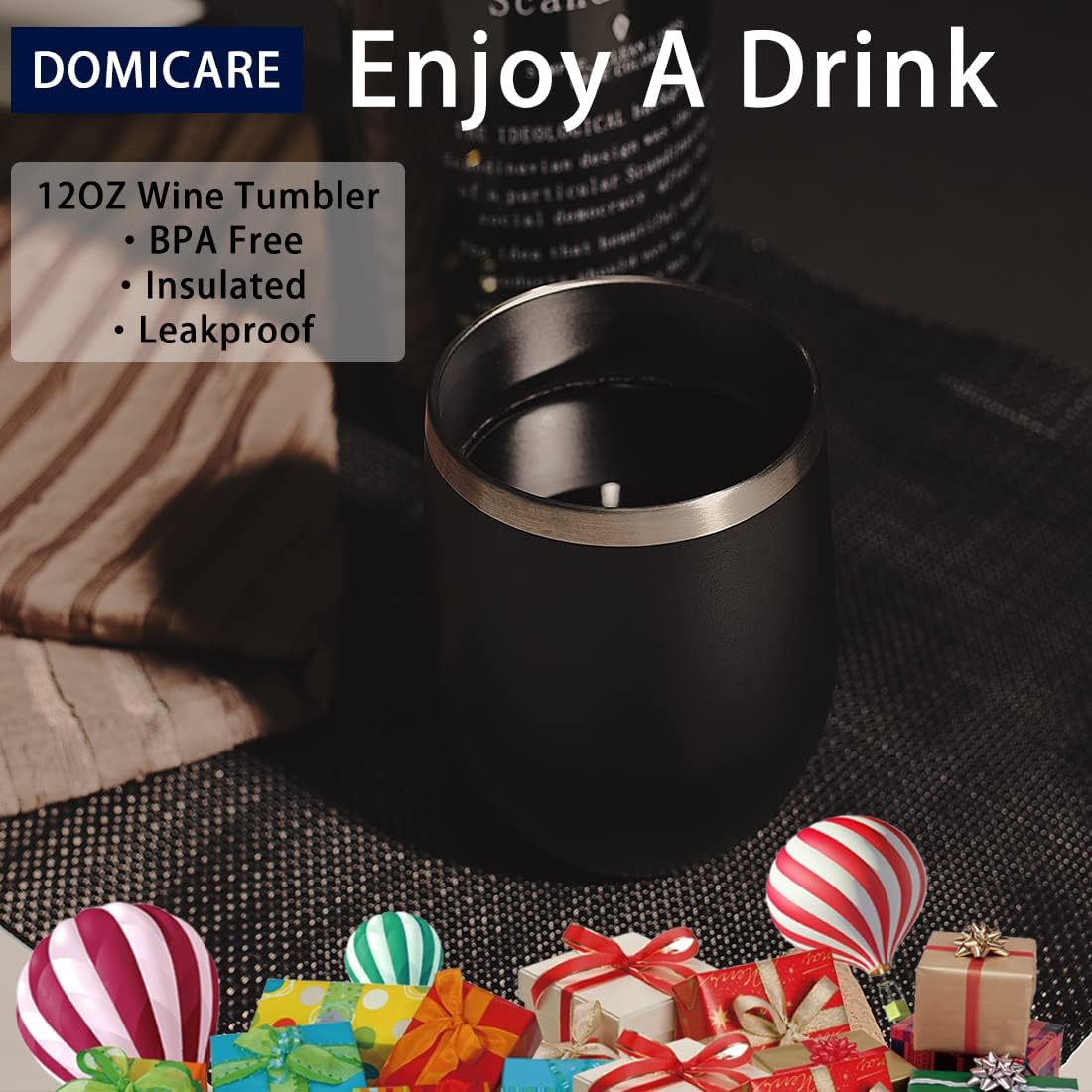 DOMICARE Stainless Steel Wine Tumbler Bulk with Lid, Personalized Insulated Tumblers Set, 12oz Travel Coffee Cups Pack of 4, Black