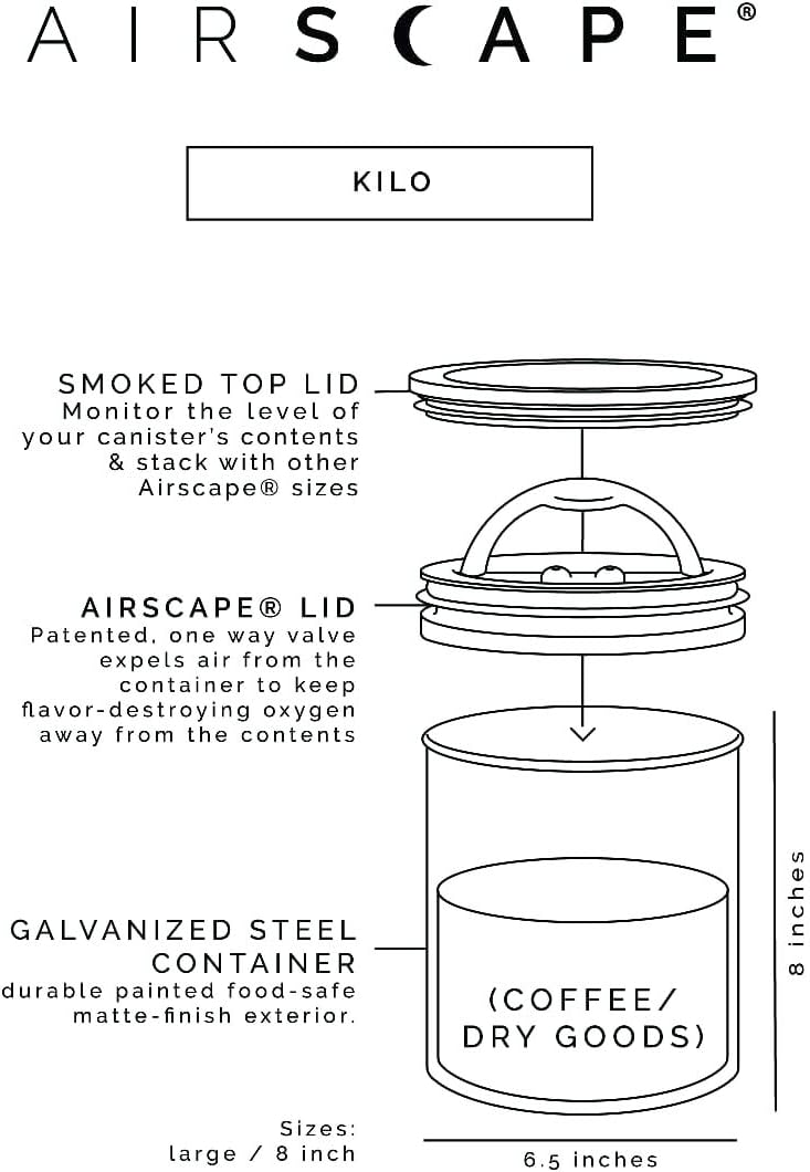 AirScape Planetary Design Kilo Coffee Storage Canister - US Patented Inner Plunger Lid Removes Excess Oxygen - DON'T buy airtight, BUY AIR-LESS - Holds 2.2 lbs Coffee Beans - (Matte Black)
