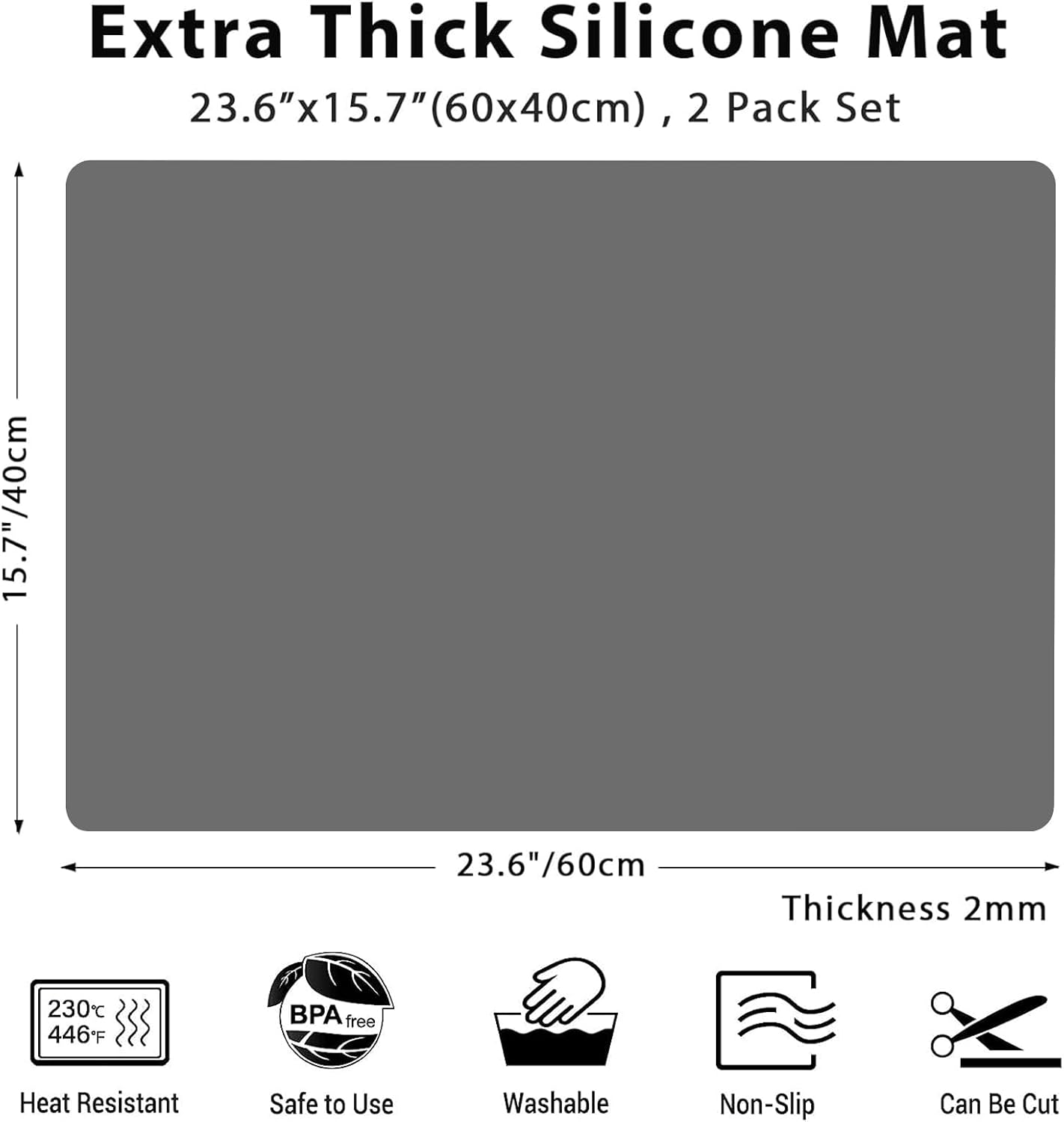 2 Pack Silicone Mats, 23.6"x15.7" Silicone Mats for Kitchen Counter, 2MM Thick Heat Resistant Mat, Waterproof Countertop Protector, Non-Slip Kitchen Counter Mat, Dark Gray