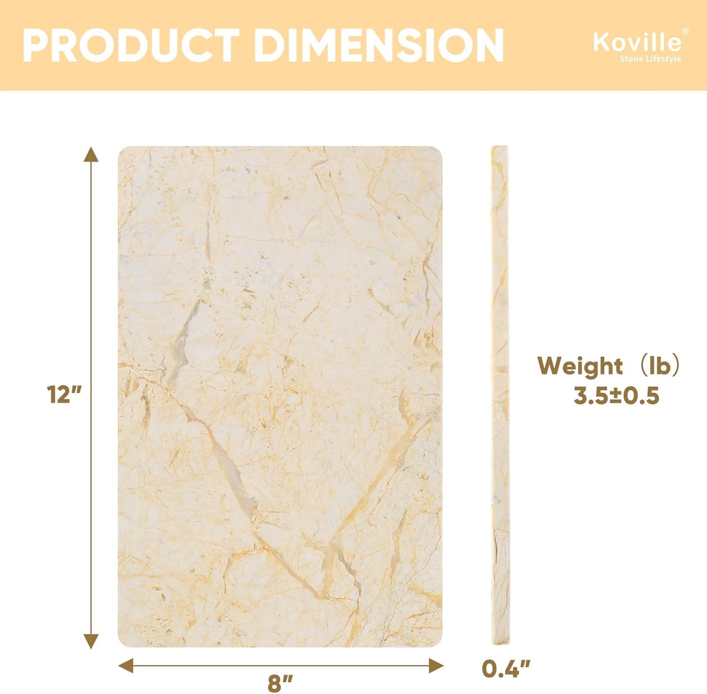 Koville Natural Marble Cutting Board for Kitchen Pastry Bread, 12" x 8" Genuine Marble Cheese Board Stone Tray for Counter, Stone Cutting Boards Bathroom Perfume Jewelry Tray for Decor(Yellow)