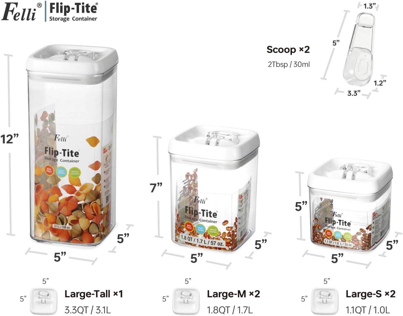 Felli Flip Tite Food Storage Container 5" LARGE 5pk Set + No Residue Label, Airtight Lid Easy Lock Top Stackable, Plastic Canister Jar for Pantry Kitchen Fridge Organizer Pasta Protein Powder Spice