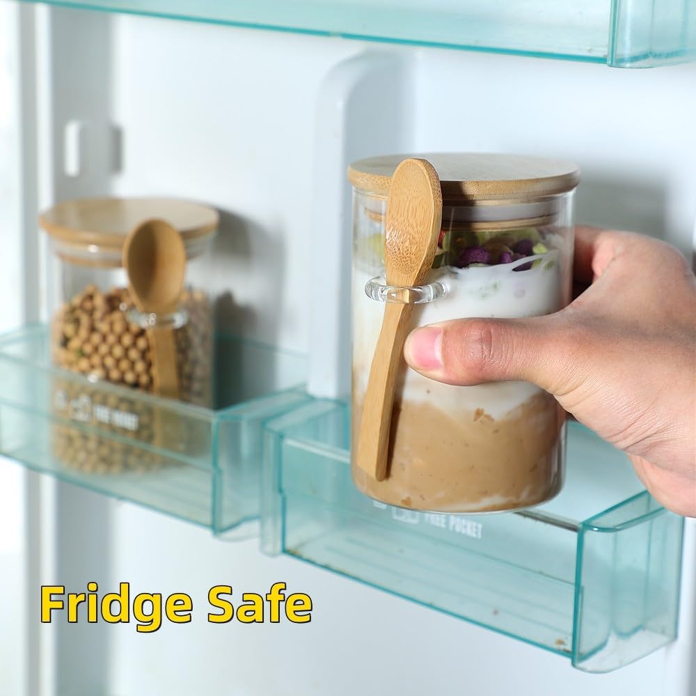 4 Pack Overnight Oats Glass Containers with Lids and Spoons, 17 OZ Glass Jars with Spoons and Lids for Loose Tea, Meal Prep Jars with Bamboo Cover for Chia Pudding, Yogurt