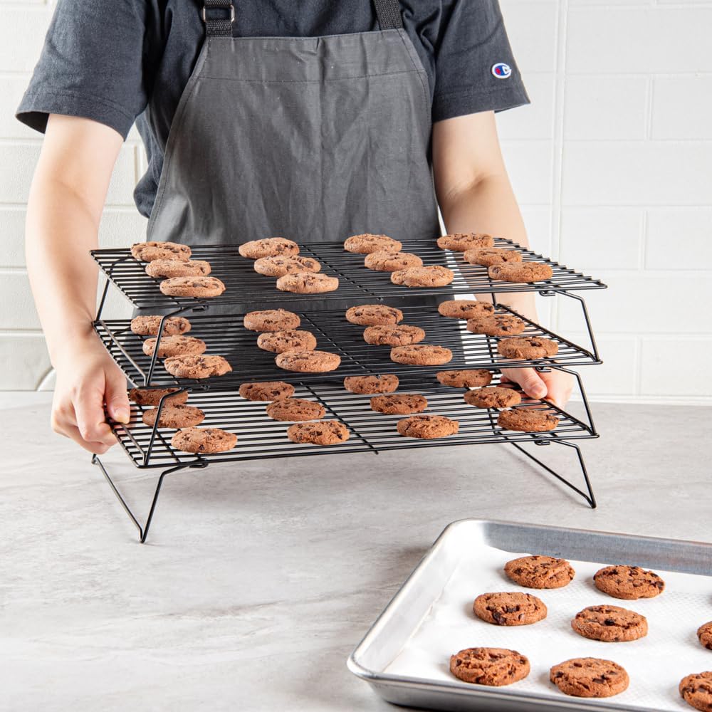 Restaurantware Met Lux 15.7 x 9.8 x 8.3 Inch Wire Baking Rack Set 1 Stackable Oven Wire Rack Set - 3-Tier Design Oven-Ready Up To 392F Black Iron Cooling Rack Set With Collapsible Feet