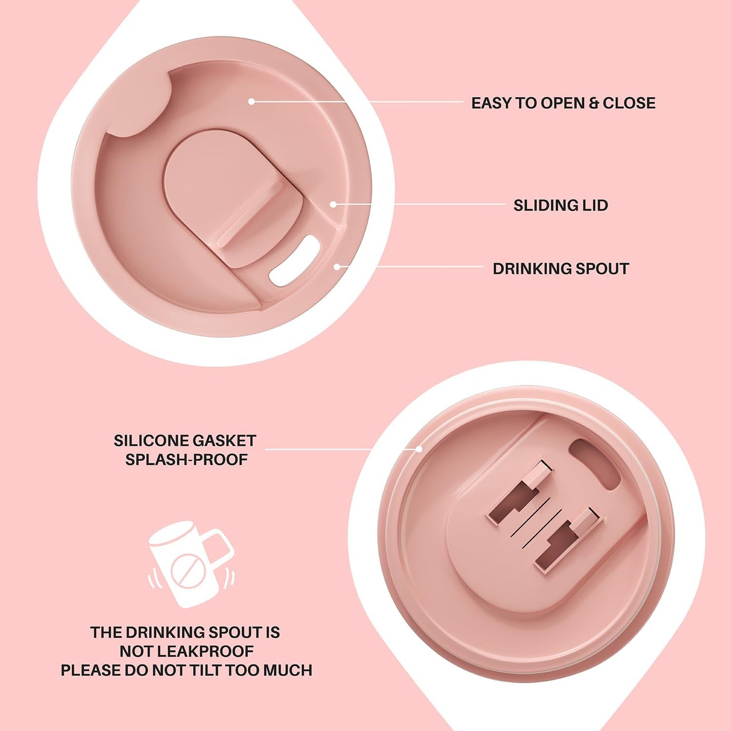 Ideus Vacuum Insulated Coffee Mug, 16oz Reusable Stainless Steel Thermal Double Walled cup with Handle and Slider Lid for Hot & Cold Beverages, BPA Free (Leapord Pink)