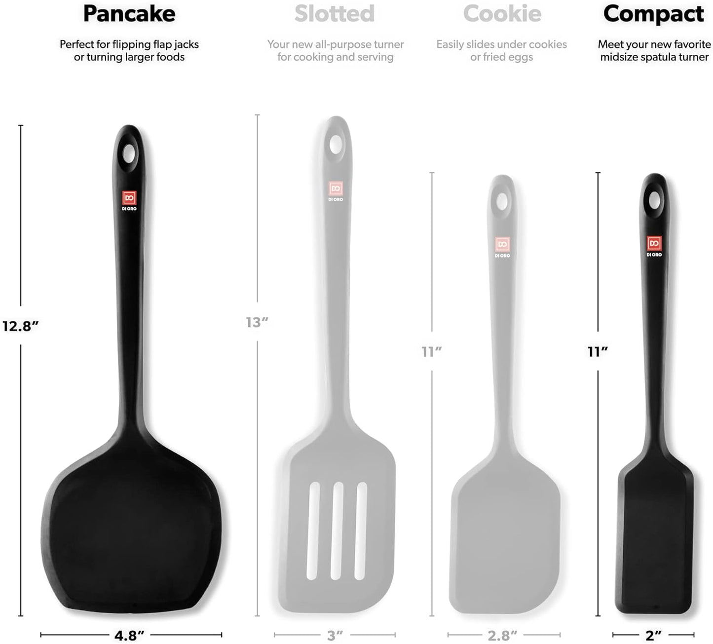 DI ORO Silicone Turner Spatula Set - Kitchen Spatulas for Nonstick Cookware - Cooking Utensils for Flipping Eggs & Pancakes - 600°F Heat-Resistant BPA Free Turners - Dishwasher Safe (2pc, Black)