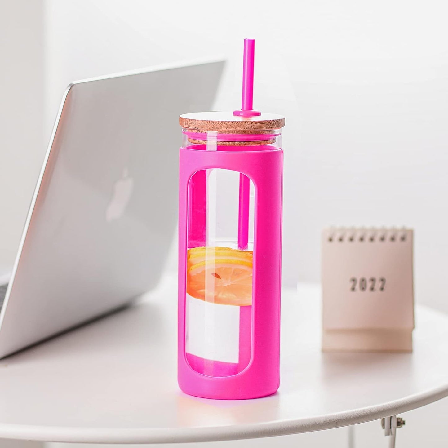 Kodrine 20oz Glass Tumbler with Straw and Lid, Iced Coffee Cups with Bamboo Lids, Glass Cups for Cold Drinks, Smoothie Cup with Silicone Sleeve for Travel, Work, BPA FREE-Rose