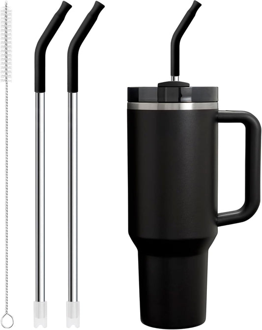 Snowfall Metal Straw for Stanley 40 OZ Cup, Long Reusable Stainless Steel Replacement Straws with Silicone Tip for Simple Modern 40 OZ Tumbler (Black)