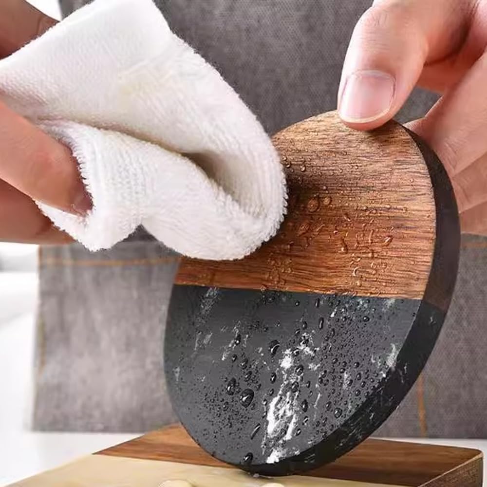 I-LAN Set of 4 Round Natural Wood and Marbel Drink Coasters for Coffee Wooden Table, Drink Bar Coaster Set/Tea Table Coasters for Living Room,Beer Cans,Bar Glasses,4 x 4 Inch