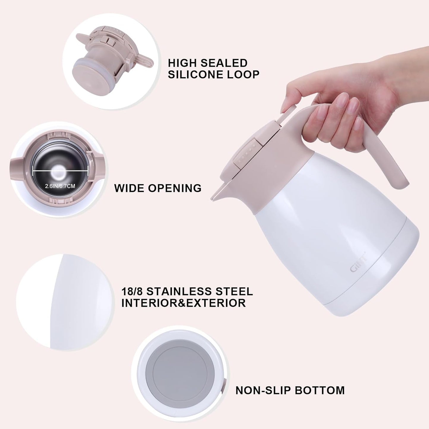 GiNT 1L / 34Oz Thermal Coffee Carafe, Insulated Stainless Steel Coffee Carafes for Keeping Hot/Double Walled Vacuum Thermal Carafe (White)