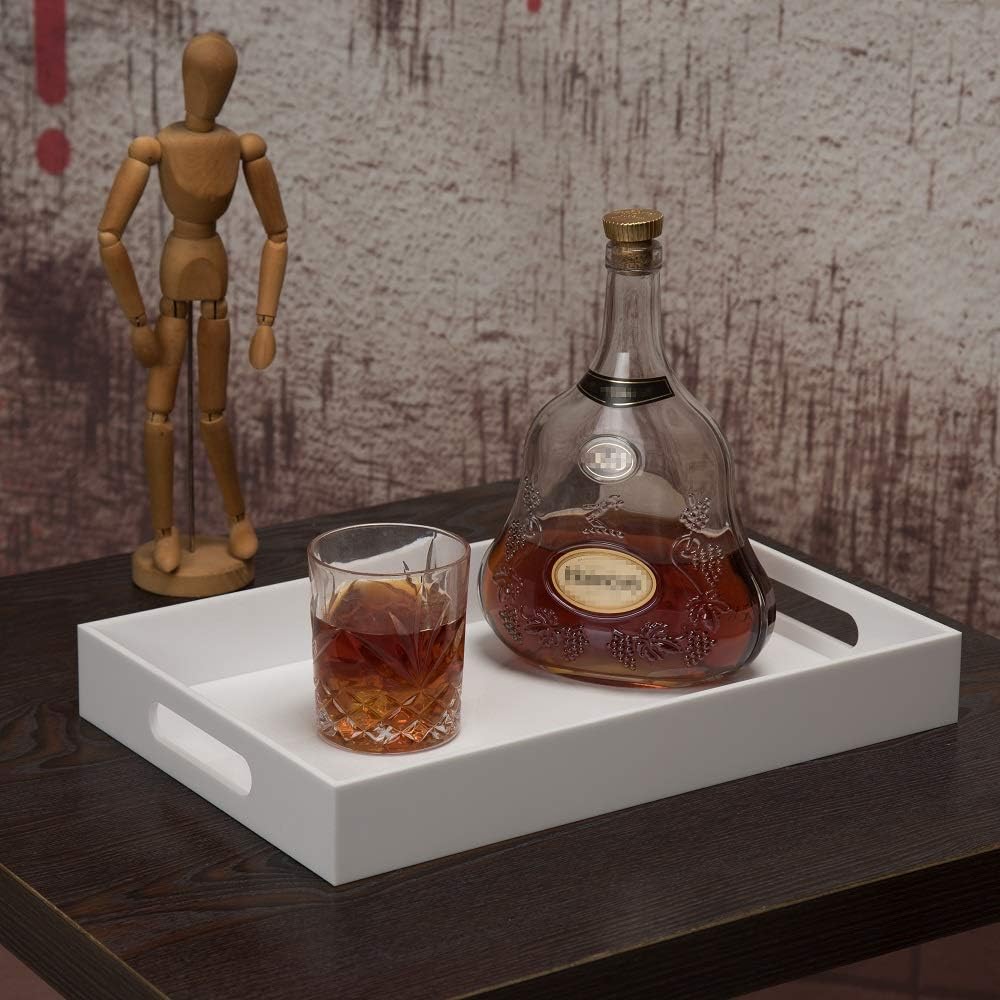 Glossy White Sturdy Acrylic Serving Tray with Handles-10x15Inch-Serving Coffee Appetizer Breakfast Butler-Kitchen Countertop-Makeup Drawer Organizer-Vanity Table Tray-Ottoman Tray