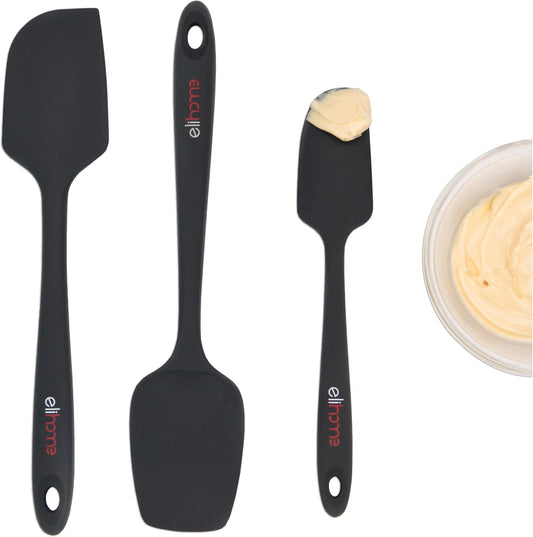 Elihome Chef Series 3 Piece Silicone Spatula Set - 600°F Heat Resistant Non Stick Rubber Kitchen Scraper Spatulas for Cooking, Baking, Mixing – BPA Free and LFGB Certified Silicone(Black)
