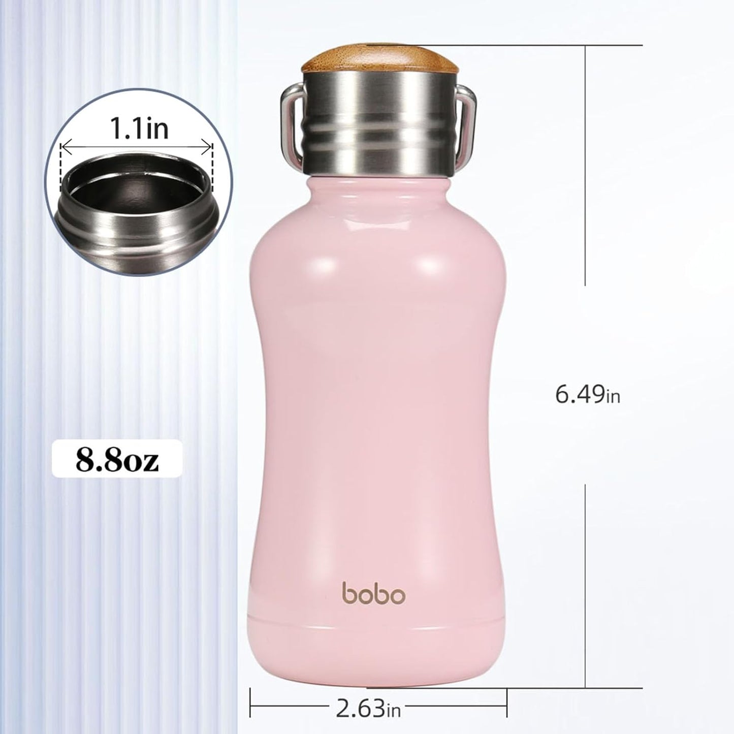 YOHKOH Mini Insulated Water Bottle With Bamboo Lid - 8.8oz Small Vacuum Insulated Water Bottle for Women Kids, 12 Hrs Hot & 24 Hrs Cold Stainless Steel Thermos Leak-Proof BPA-Free (8.8oz,Pink)