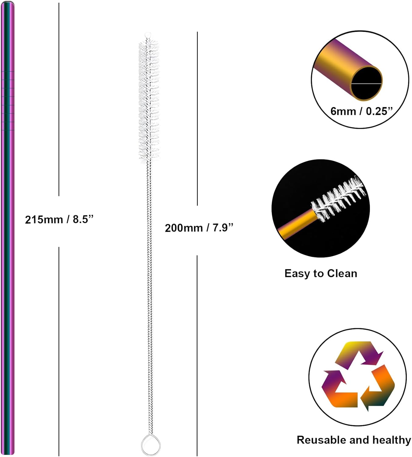 Stainless Steel Straws Metal Reusable Drinking Straw for Juice Iced Coffee Cold Beverage Water Highball Glasses 20oz Tumblers Mugs Cups, 0.24" 6mm Wide 215mm Long, Set of 8 with Brush, Colorful