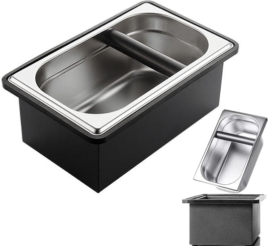 Espresso Coffee Knock Box, Large Size Stainless Steel Coffee Pucks Container, with Noise Reduction Rubber Ring,Silicone Bar for Knocking Portafilter Filter Grinds