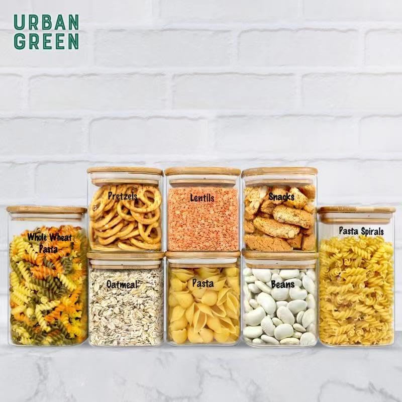 Urban Green Glass Jars with Airtight Lids, Airtight Glass Canisters with Locking Lids, (Bamboo-6P-24oz)