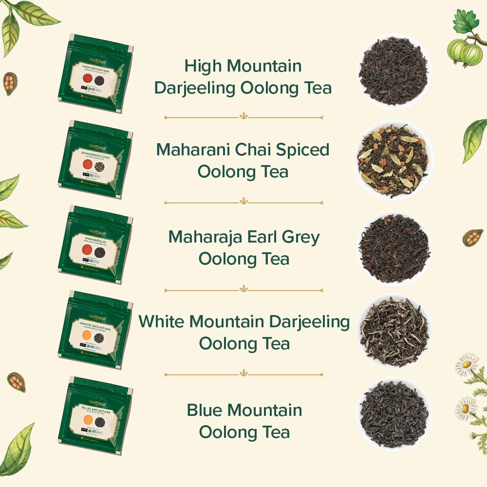 VAHDAM Assorted Oolong Tea Sampler Gift Set (5 Flavors) – Gluten-Free, Non-GMO | 5 Unblended Loose Leaf Teas | Tea Variety Pack | Gift for Women & Men