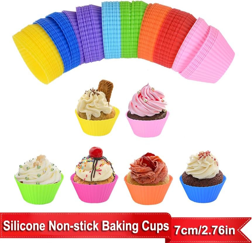 AKOAK Reusable Silicone Non-stick Baking Cups, Cake Molds, Kitchen Baking Cooking Accessories, DIY Cake Making Tools - Pack of 10 (Rose red)