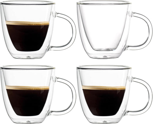 Espresso Cups Set of 4, 6oz /170ml Double Walled Glass Coffee Mugs With Handle, Hand Blown Insulated Espresso Shot Glass Cups,Perfect For Cappuccinos,Latte,Tea, Coffee Lovers Gifts
