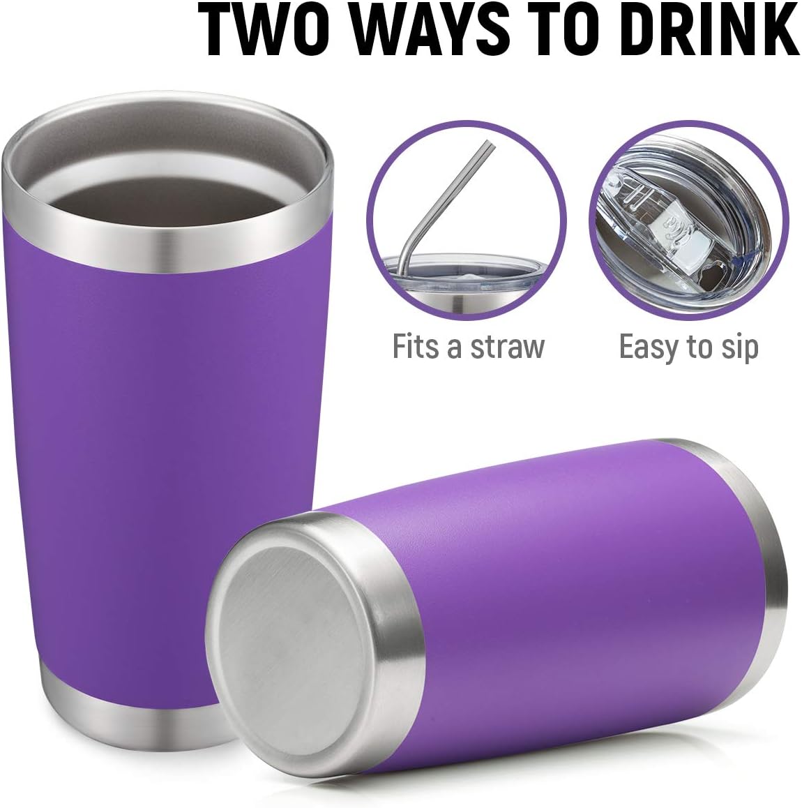 COMOOO 20oz 8 Pack Tumbler Double Wall Vacuum Insulated Coffee Travel Mug Stainless Steel Tumbler Bulk with Lid and Straw Durable Powder Coated Insulated Coffee Cup for Cold & Hot Drinks Purple 8 Pack