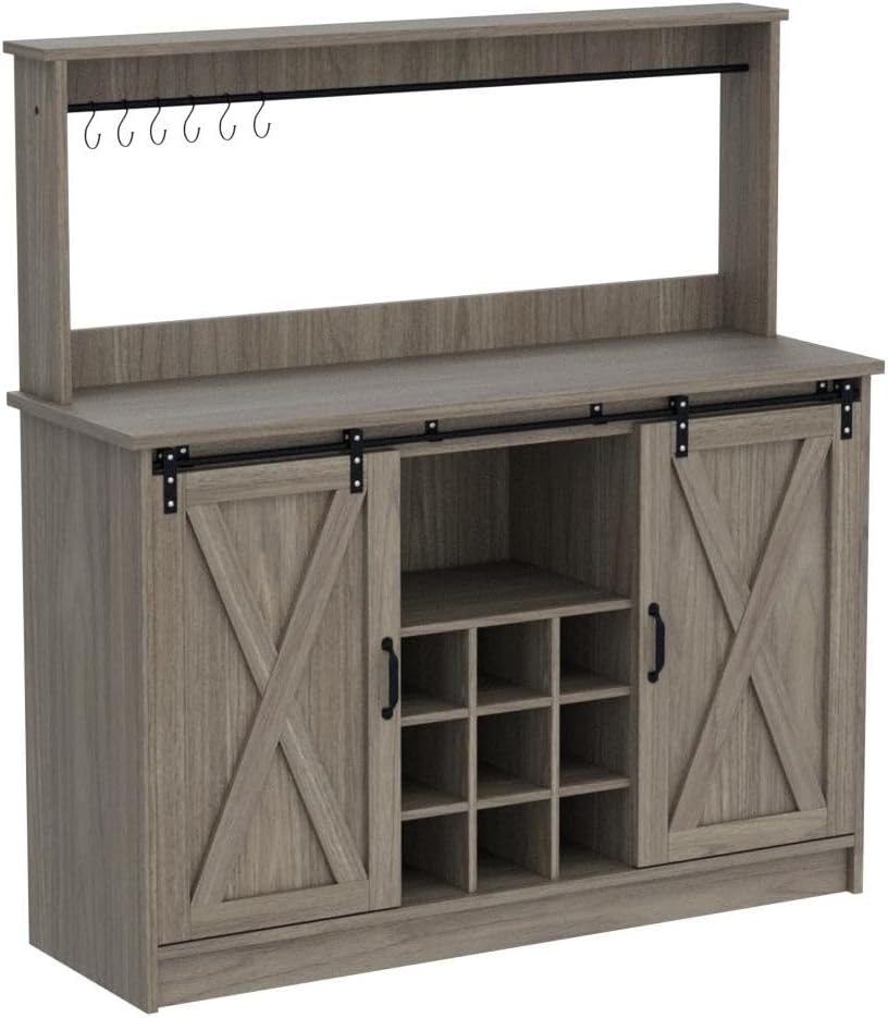 4ever2buy Farmhouse Coffee Bar Cabinet with Sliding Barn Doors, 50 Inch Coffee Bar Hutch with 6 Hooks and 9 Mug Rack, Hutch Cabinet with Storage for Living Room, Wash Grey
