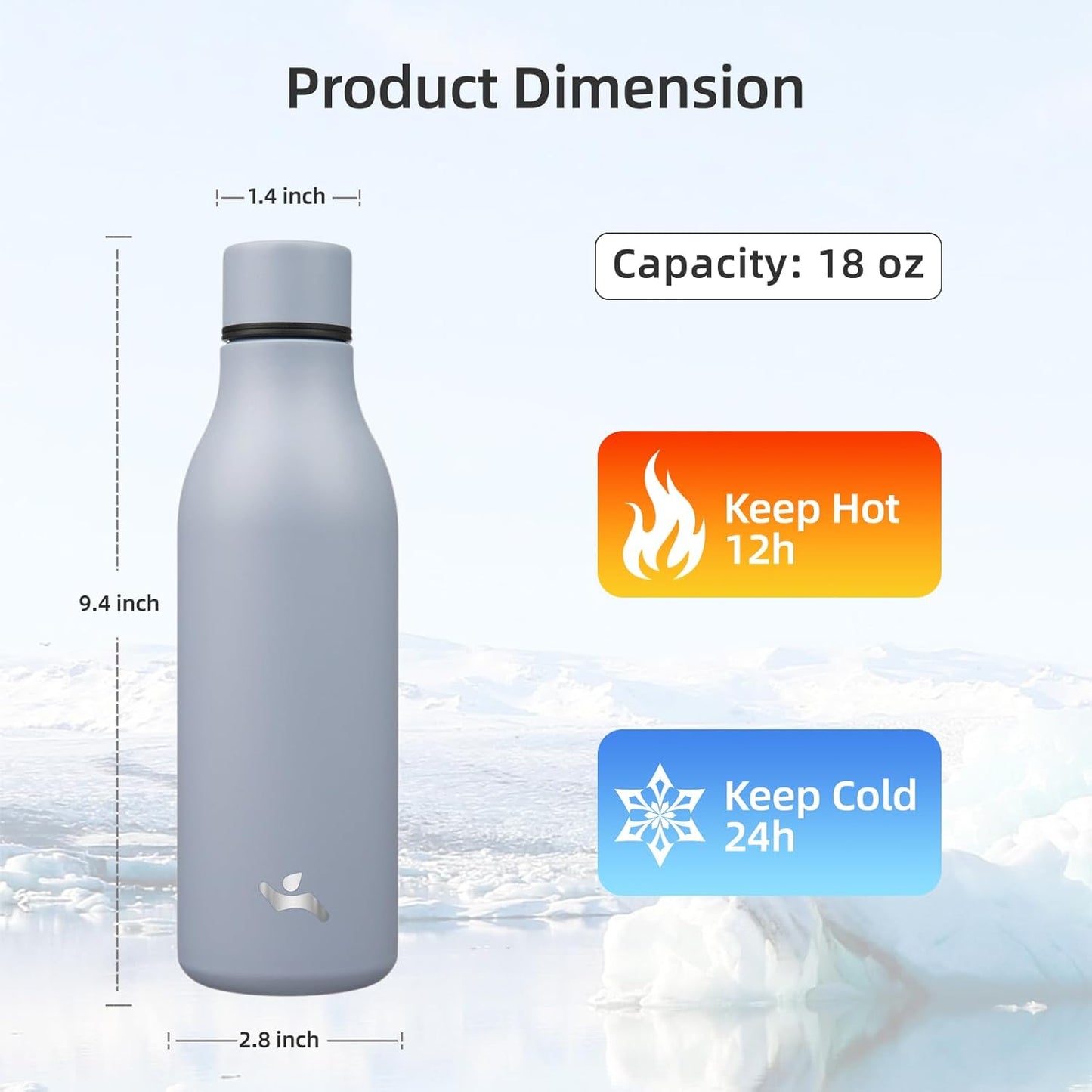 Insulated Water Bottle with Strap,18 oz Double Wall Stainless Steel Vacuum Bottles Metal Water Flask,Grey Blue