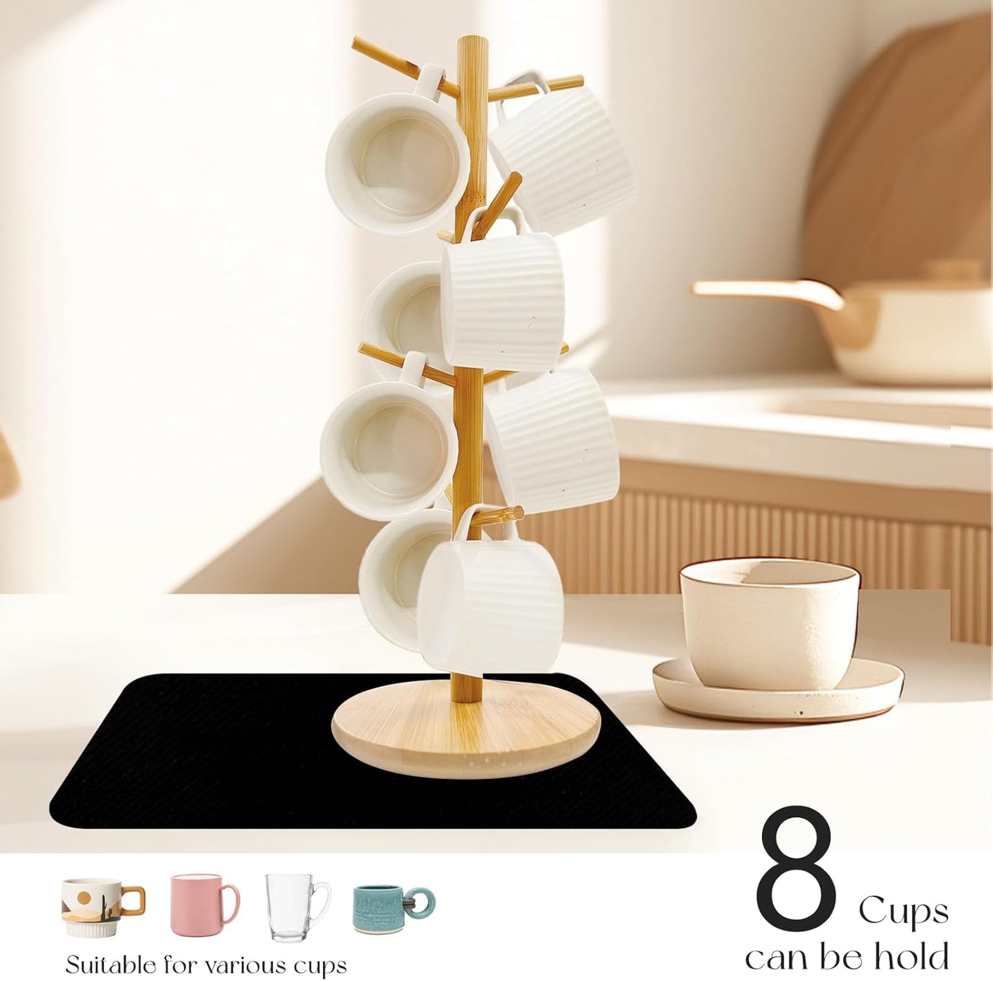 SNAIL GARDEN Wood Coffee Mug Holder With 8 Hooks, Cup Stand With Drying Mat, Tree Hanger Rack for Counter, Bar Accessories and Decor, Station Organizer