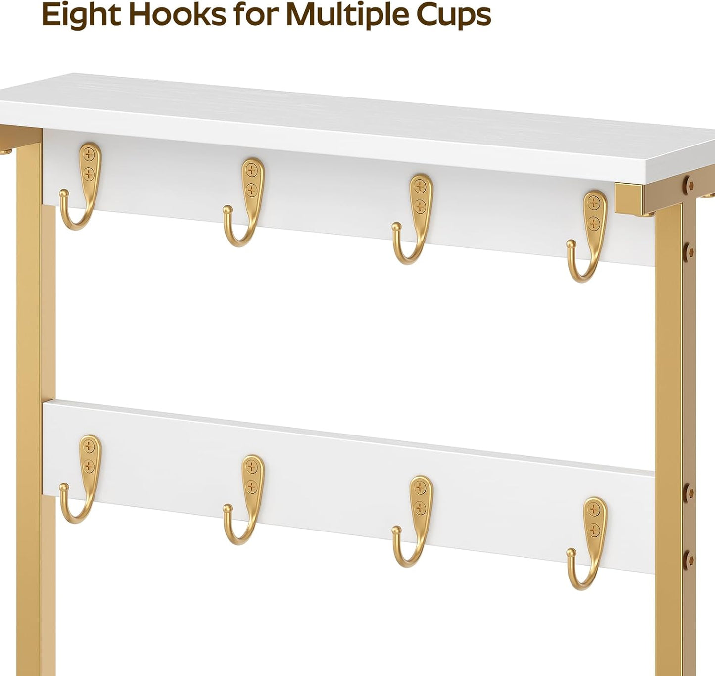 Coffee Mug Holder for Counter, 2 Tier Mug Tree Rack, with 8 Hook and 2 Open Shelves, Vintage Mug Holder Stand for Home Kitchen, White and Gold MH43DW