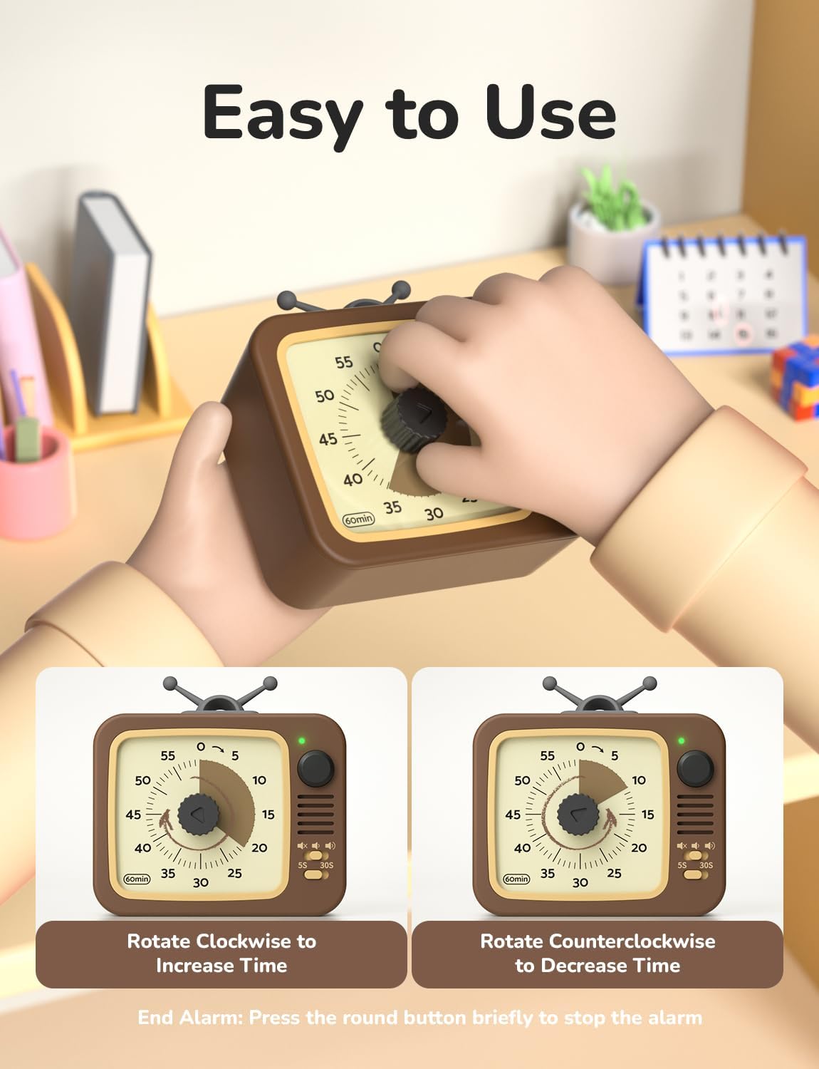 LIORQUE Visual Timer for Kids, 60-Minute Countdown Timers for Classroom Office Kitchen with Silent Operation, Kids Timer for Teaching with Cute Design