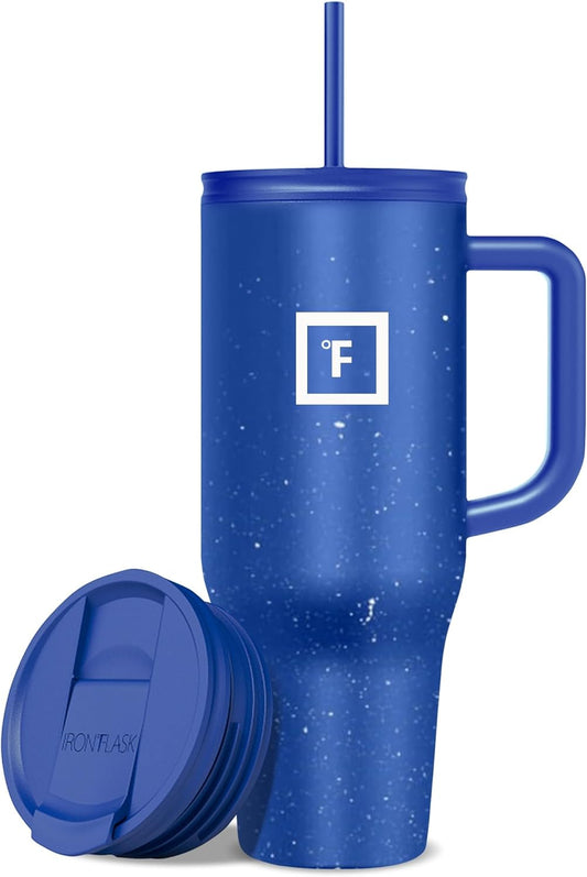 IRON °FLASK Co-Pilot Insulated Mug w/Straw & Flip Cap Lids - Cup Holder Bottle for Hot, Cold Drink - Leak-Proof- Water, Coffee Portable Travel Tumbler - Cobalt Blue Speckle, 40 Oz