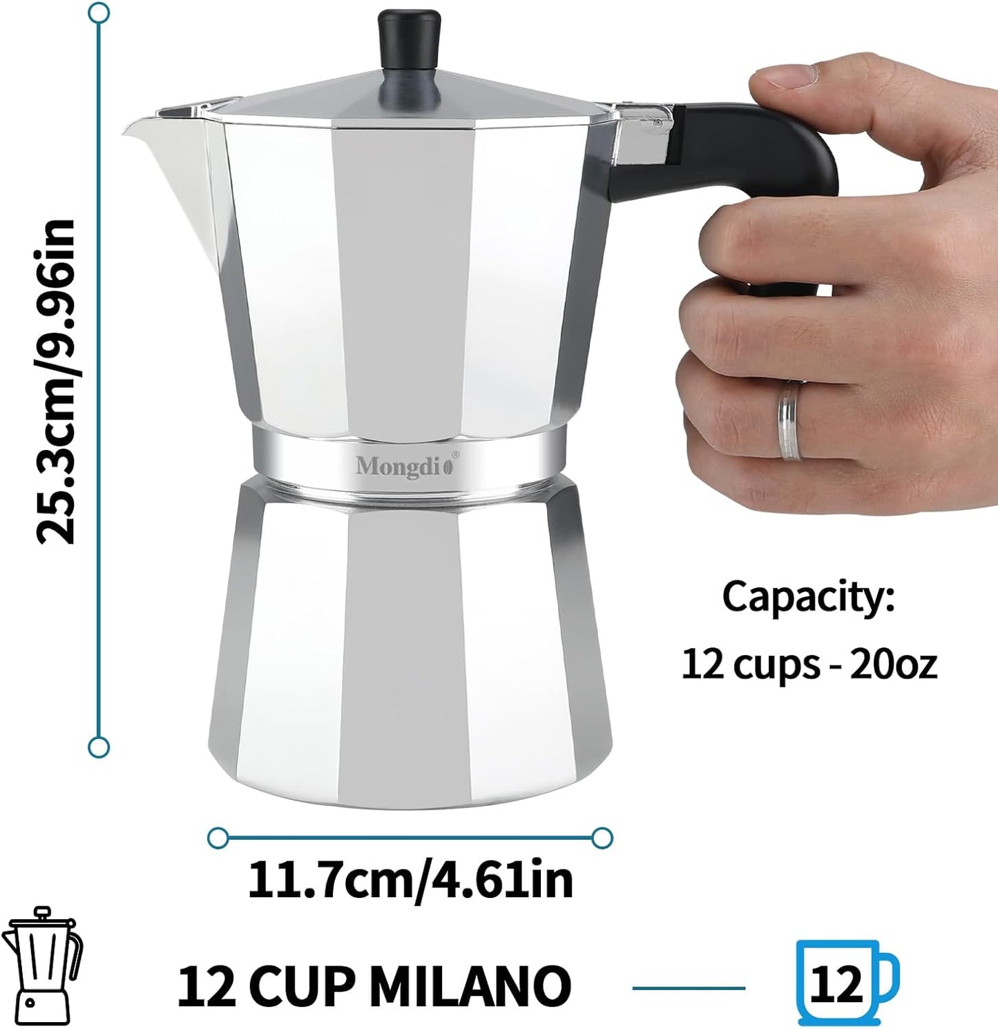 Mongdio Stovetop Espresso Maker Moka Pot, Stove Top Cuban Coffee Maker, Italian Greca Mocha Pot, 12 Espresso Cups, 20 oz - Silver