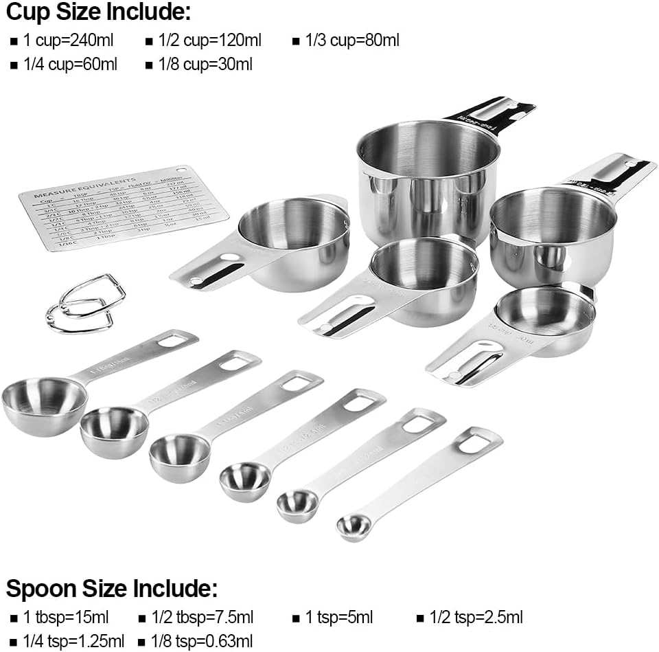 Measuring Cups and Spoons Set Heavy Duty 304 Metal Stainless Steel Measuring Cup Spoon Kitchen Gadgets for Cooking Baking (Set of 14)