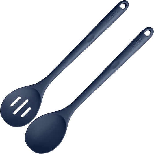 600ºF Heat Resistant Silicone Spoons: U-Taste 13.3in Solid & Slotted Kitchen Cooking Spoon, Nonstick Long Rubber Utensil, Sturdy for Mixing, Serving, Stirring, Draining (Midnight Blue, 2PCS)