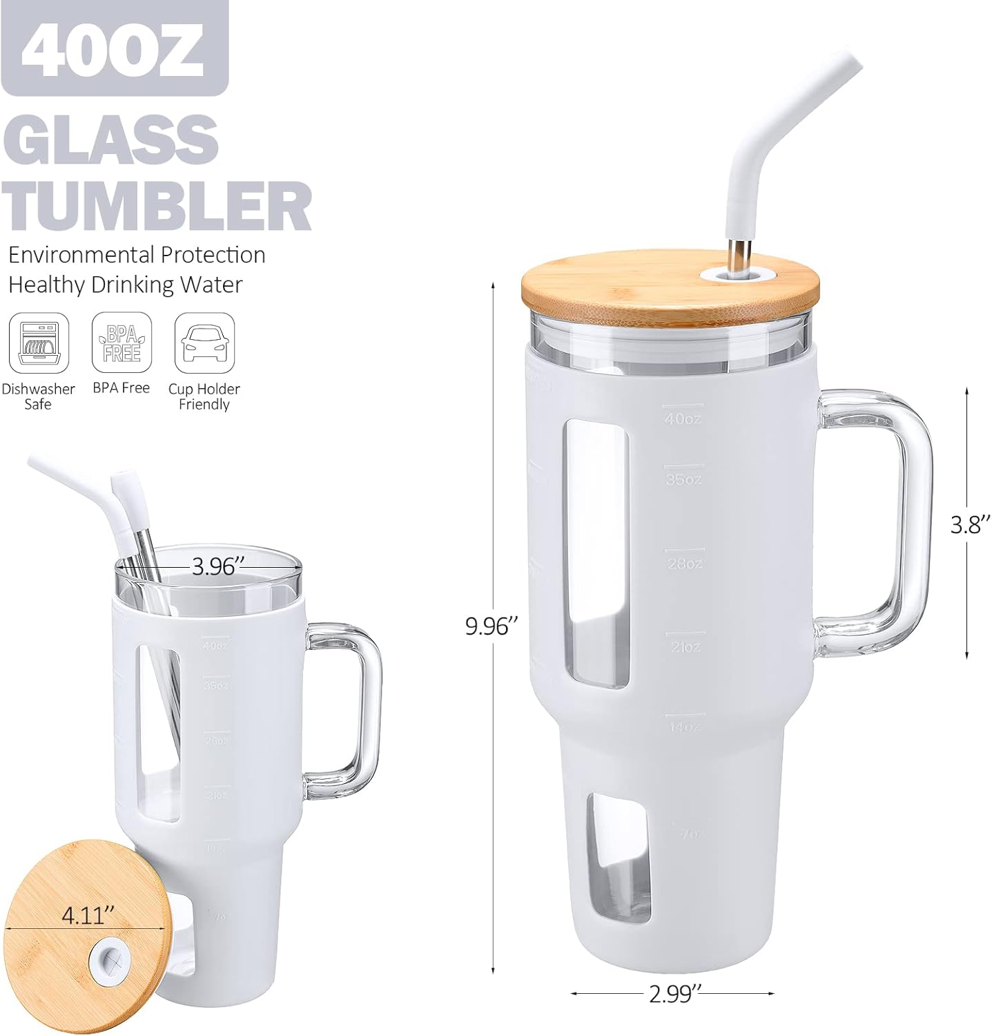 Kodrine 40 oz Glass Tumbler with Handle, Iced Coffee Tumbler with Straw and Bamboo Lid, Glass Drinking Cup with Silicone Sleeve Time Marker, Water Bottle Dishwasher Safe, Cup Holder Friendly, White