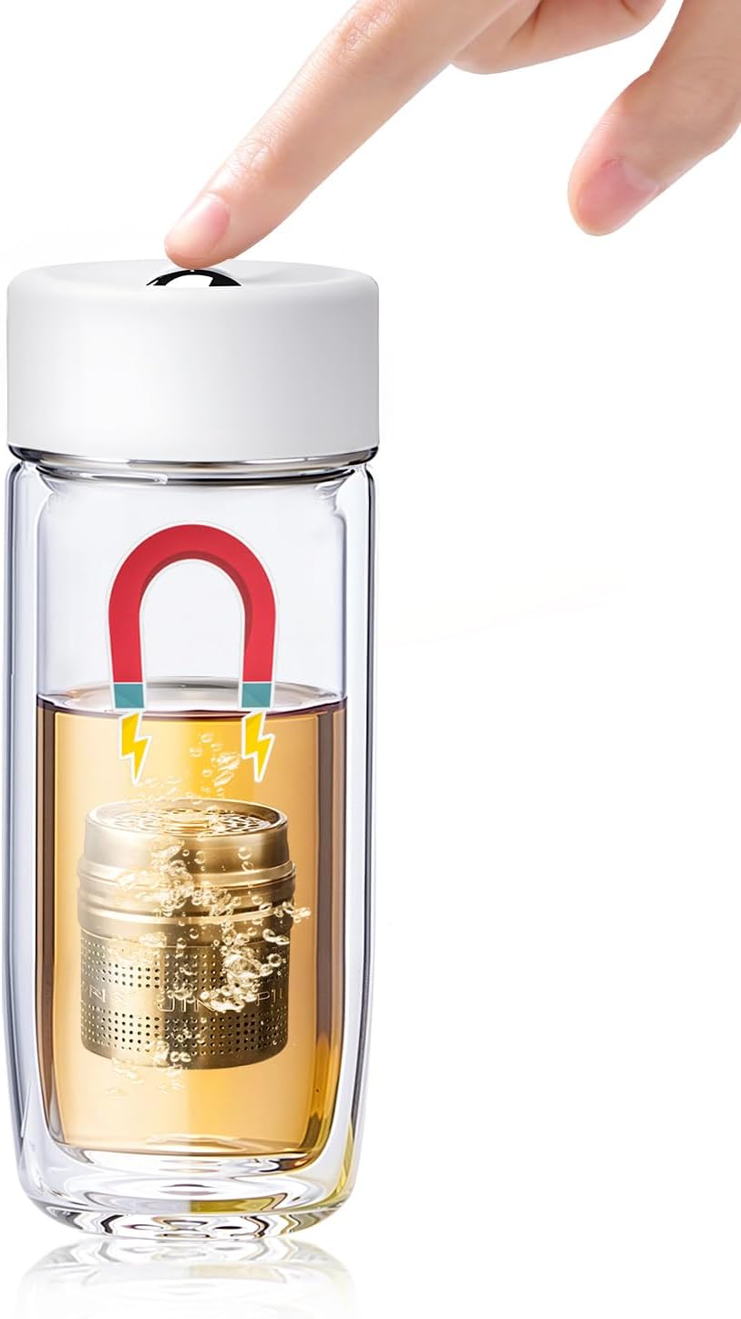 MagnaDrop Tea Tumbler – Double Wall Glass Tea Infuser Cup with Magnetic Steep Control & Bead Switch, Leakproof Travel Mug for Loose Leaf, 10.5oz