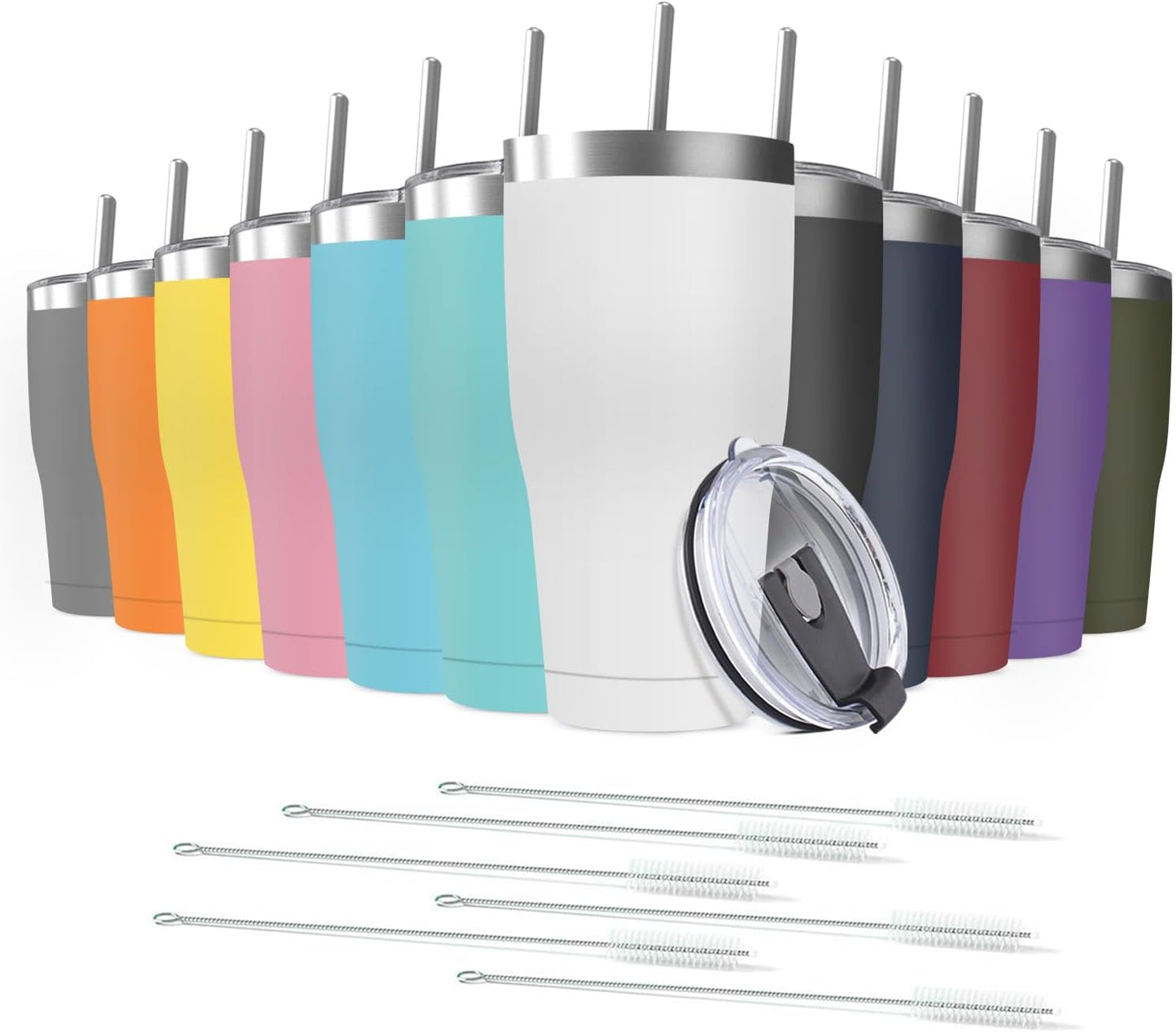 12 Pack 30oz Stainless Steel Tumblers Bulk Reusable Travel Mugs with Lid, Double Wall Powder Coated Coffe Cup for Home, Office, Outdoor Suitable for Vehicle Cup Holders