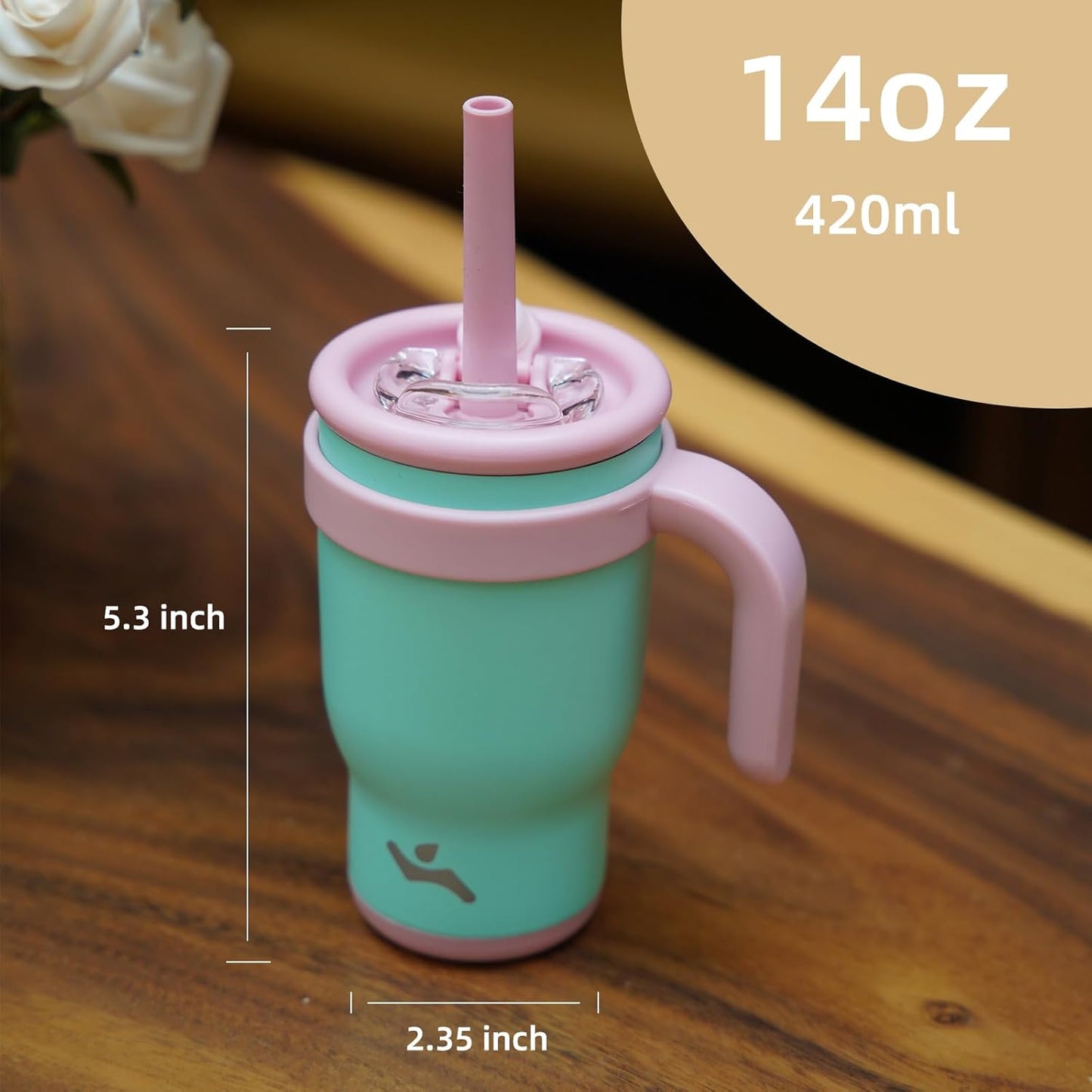 14 oz Tumbler with Side Handle, Insulated Water Bottle with Straw and 2 in 1 Lid, Stainless Steel Cup Travel Coffee Mug for Sports Office Gym,Rose Pink