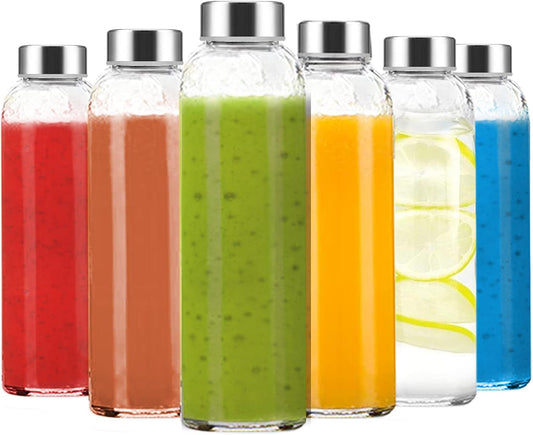 24 oz Clear Glass Bottles with Lids, Reusable Glass Water Bottles with Stainless Steel Cap for Juicing, Refrigerator,100% Leak Proof, BPA Free, Juice Water Bottle Set of 6