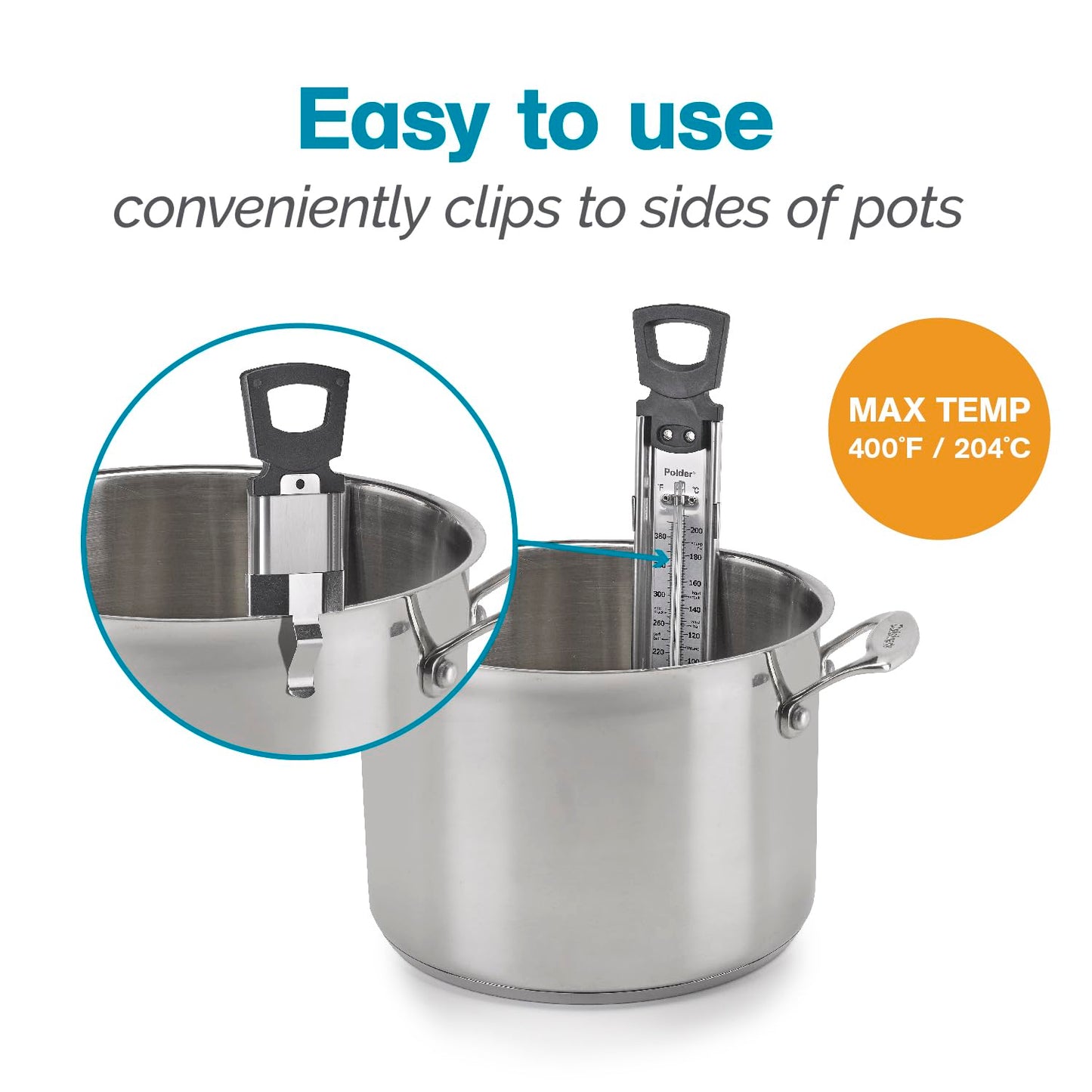 Polder Candy Thermometer, Stainless Steel Cooking Thermometer with Pot Clip, for Jam, Syrup, Jelly, Yogurt, and Deep Fry, 12"