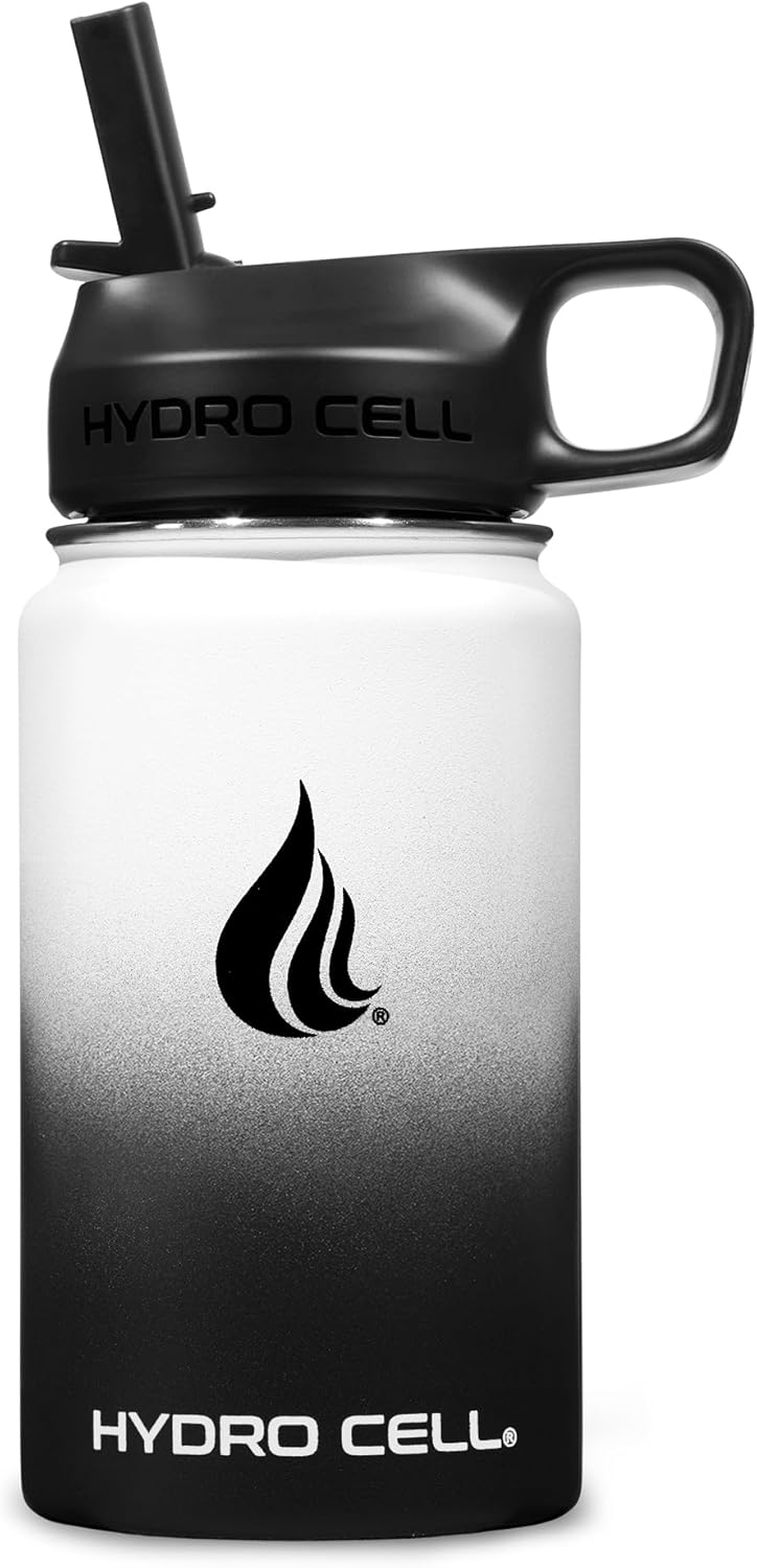HYDRO CELL Stainless Steel Insulated Water Bottle with Straw - For Cold & Hot Drinks - Metal Vacuum Flask with Screw Cap and Modern Leakproof Sport Thermos for Adults (Black/White 14oz)