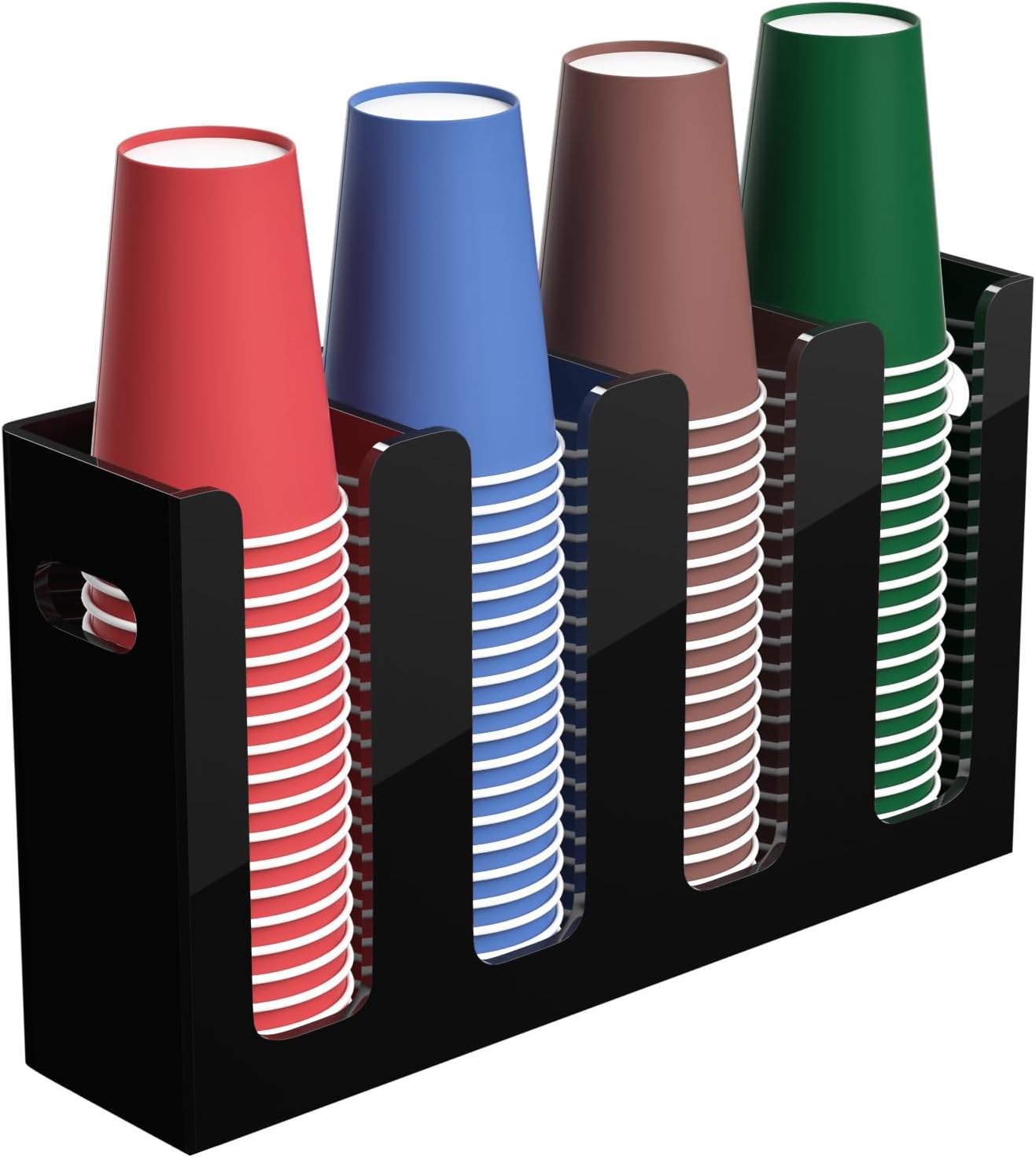 Disposable Coffee Cup Dispenser with Handles, Countertop or Wall Mount Hot/Cold Drink Cup and Lid Holder - Bathroom/Kitchen/Office Acrylic Cup Lid Storage Organizer (4 Compartments, Black)