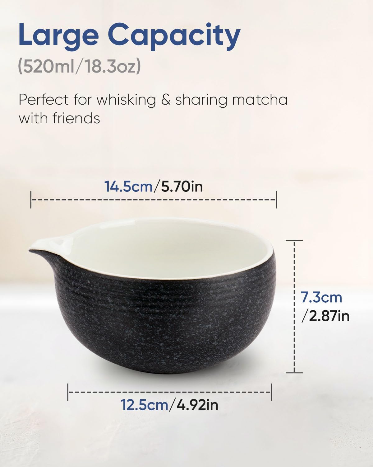 Matcha Bowl with Spout, Ceramic Matcha Bowl and Whisk Holder Set, Matcha Mixing Bowl for Whisking Matcha, Charcoal Grey (18 Ounce)