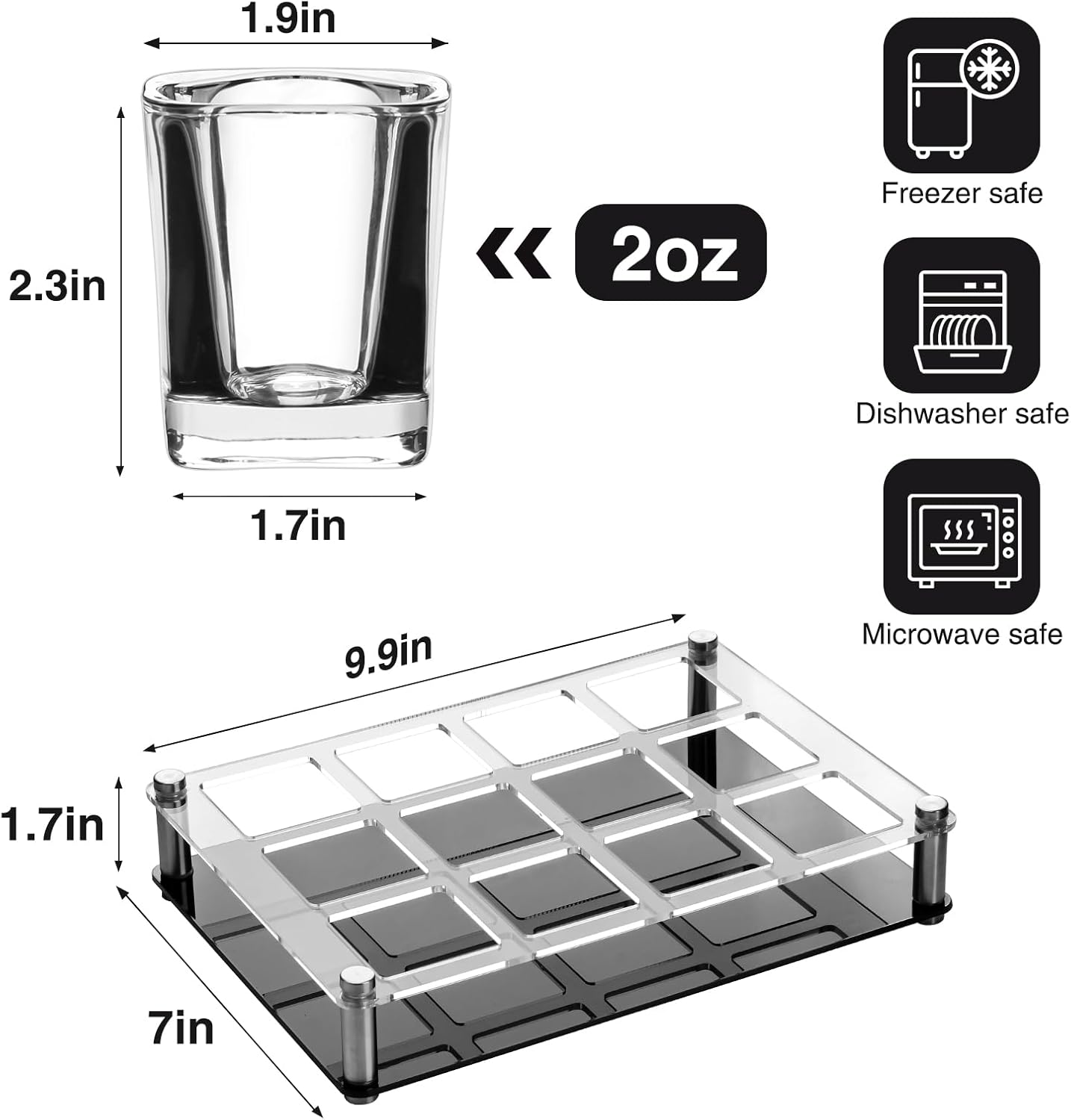 Ruckae 12 Pack 2 OZ Shot Glasses Set with Pallets Heavy Base Clear Square Shot Glasses Bulk for Vodka Tequila Whiskey Liquor