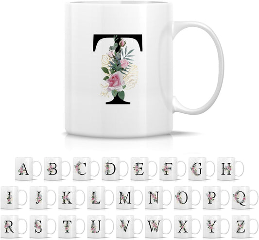 Retreez Initial A-Z Floral Botanical Bouquet Alphabet Monogrammed Monogram Mug 11 Oz Ceramic Tea Coffee Mugs - Appreciation Thank You Wedding Birthday Gifts for her friend coworker sister - T Initial