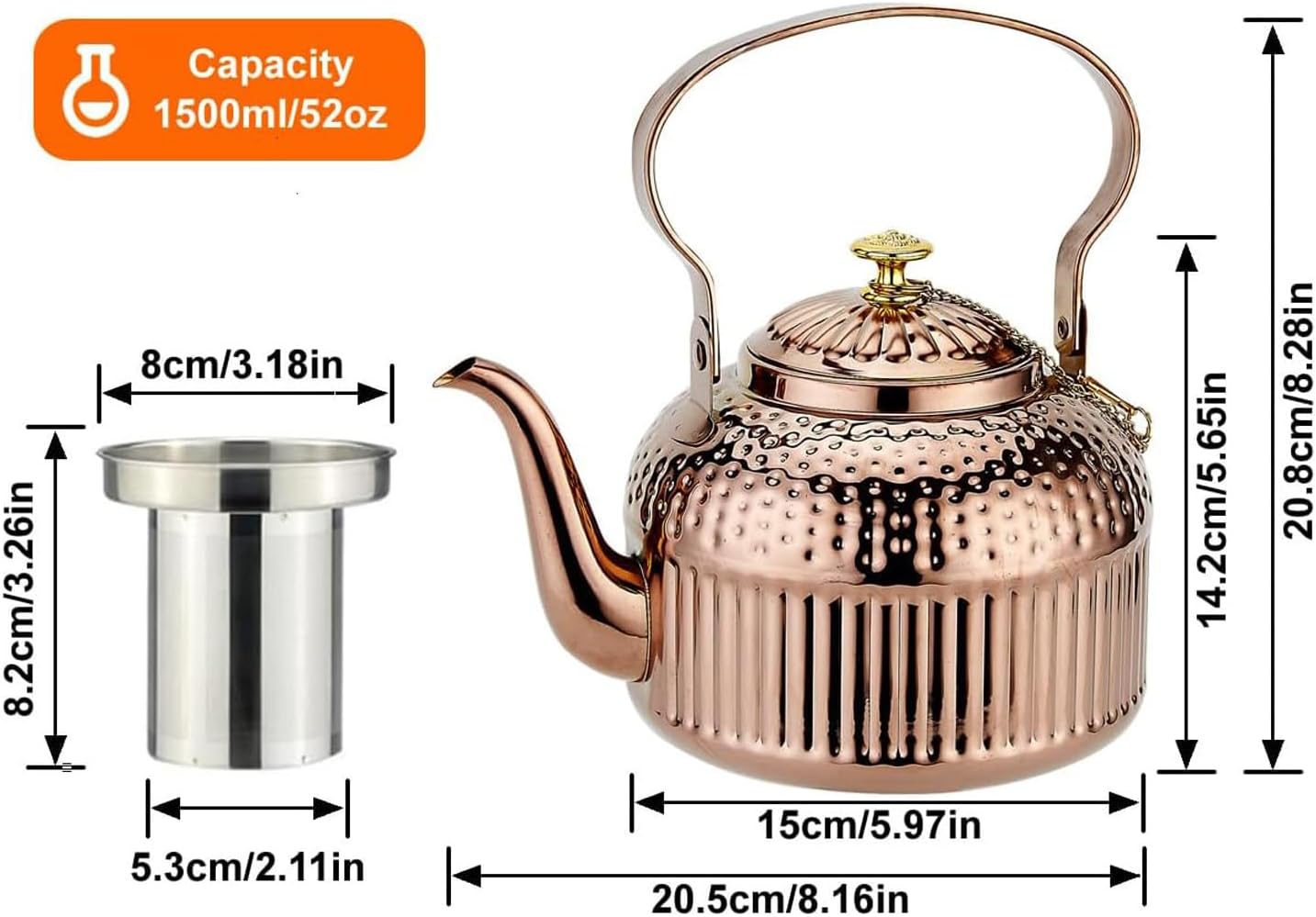 SANQIAHOME Antique 1.5L (50Oz) Stainless Steel Teapot with Infuser copper