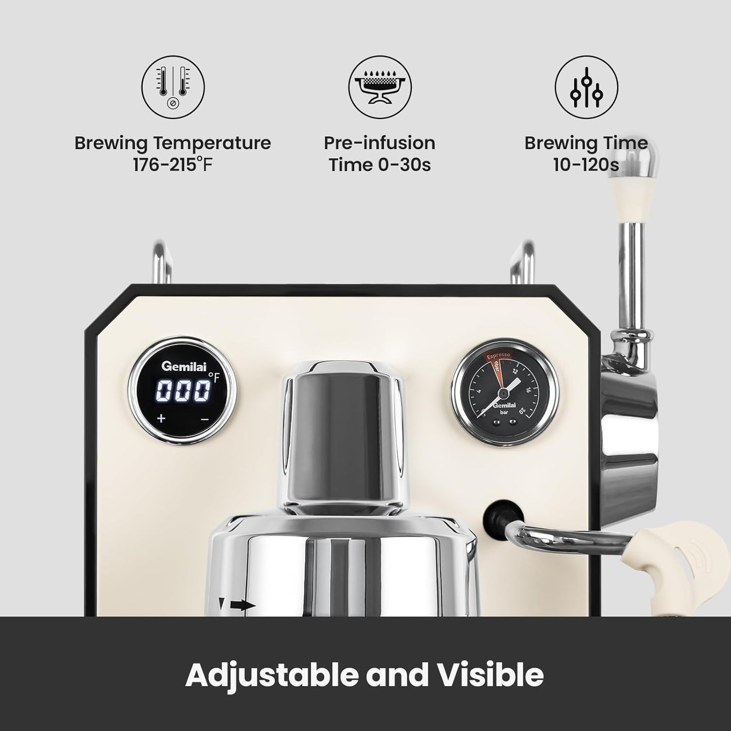 Owl Espresso Machine, 15 Bar Professional Semi-Automatic Espresso Maker with Milk Frother Steam Wand, 57oz Removable Water Tank, Dual Display, for Cappuccino, Latte at home, G3006, Ivory White