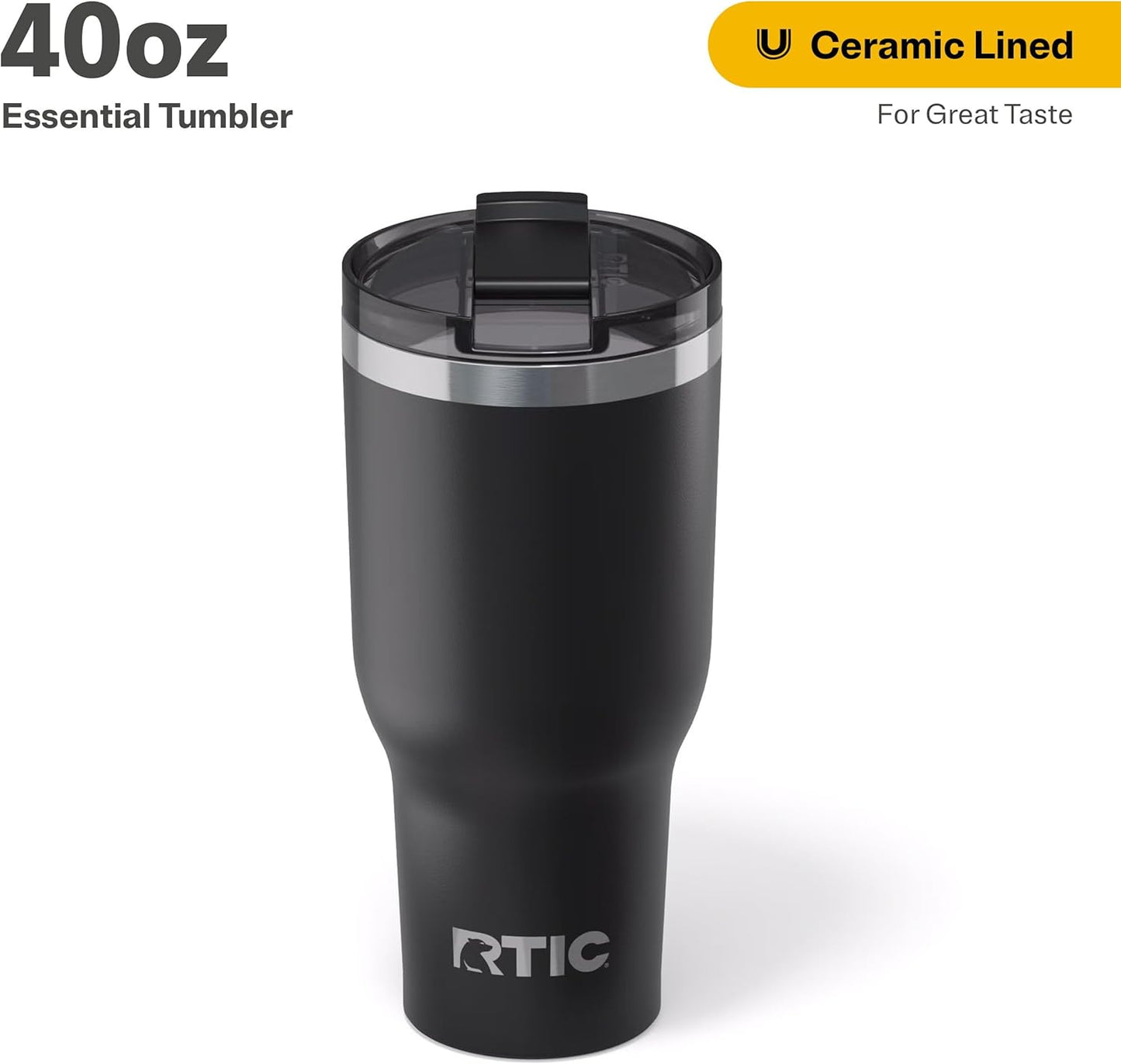 RTIC 40oz Essential Tumbler with Lid, Insulated, Stainless Steel, Metal, Double Wall Vacuum-Insulation, Ceramic Lined, Travel Cup for Iced Coffee, Tea, Hot and Cold Drink, Black