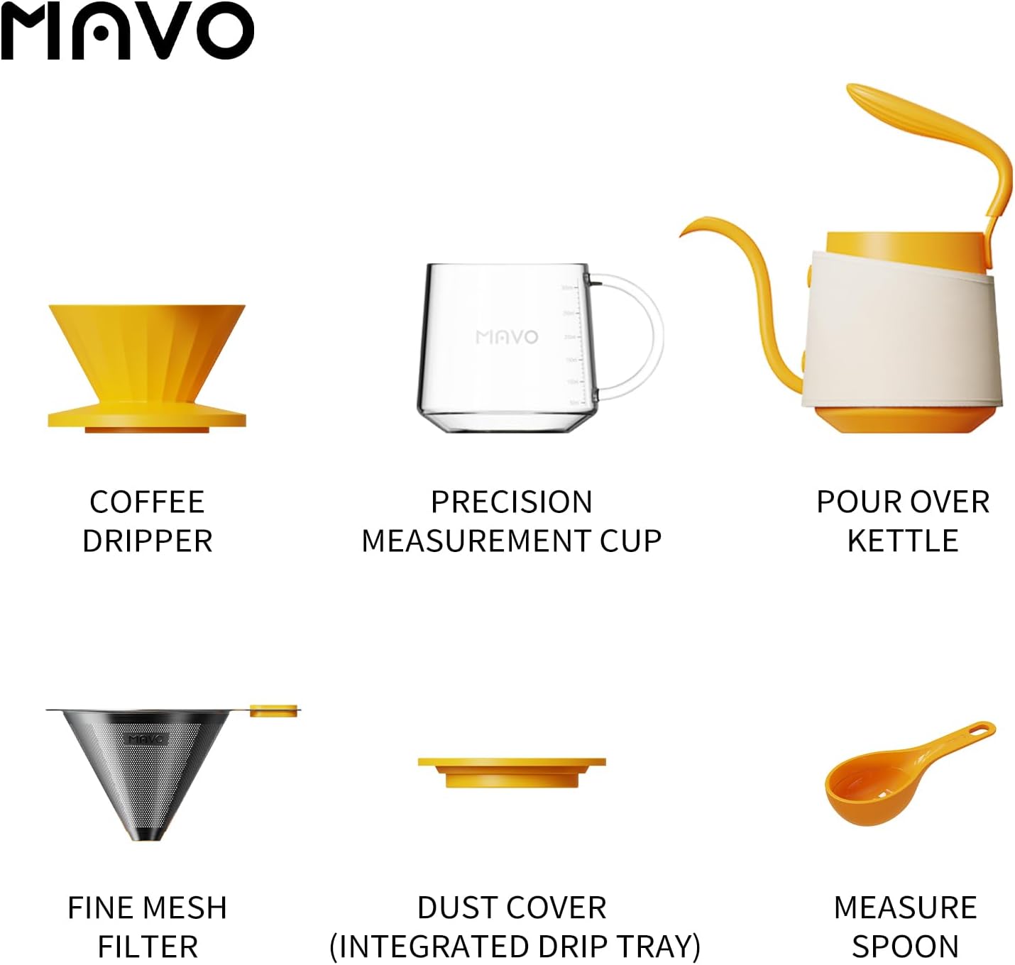 Pour Over Coffee Maker Set, Pour Over Kettle, Coffee Dripper, Glass Coffee Server with Scale, Stainless Steel Filter (Orange)